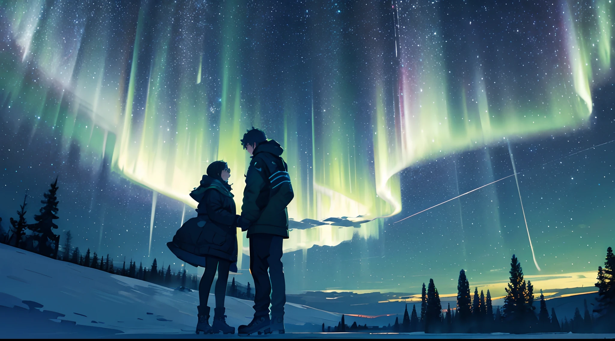 Northern Europe，Winter after heavy snowfall，Thick snow，A silhouette of a man and a woman holding hands，starrysky，atarctive，((Green Northern Lights))，Stand in the snow，looking at the stars, Small woods in the distance，figure silhouettes，Green Northern Lights，Shooting stars streaked across the sky，A sky full of stars，night under the starry sky, Starry Sky 8 K, night time with starry sky, looking at the stars, watching the stars at night, the sky has the milky way, with the sky full of stars, lost in the immensity of space, night sky photography, looking out into the cosmos，ultra-wide-angle，Look up at the camera，in a panoramic view，Character side