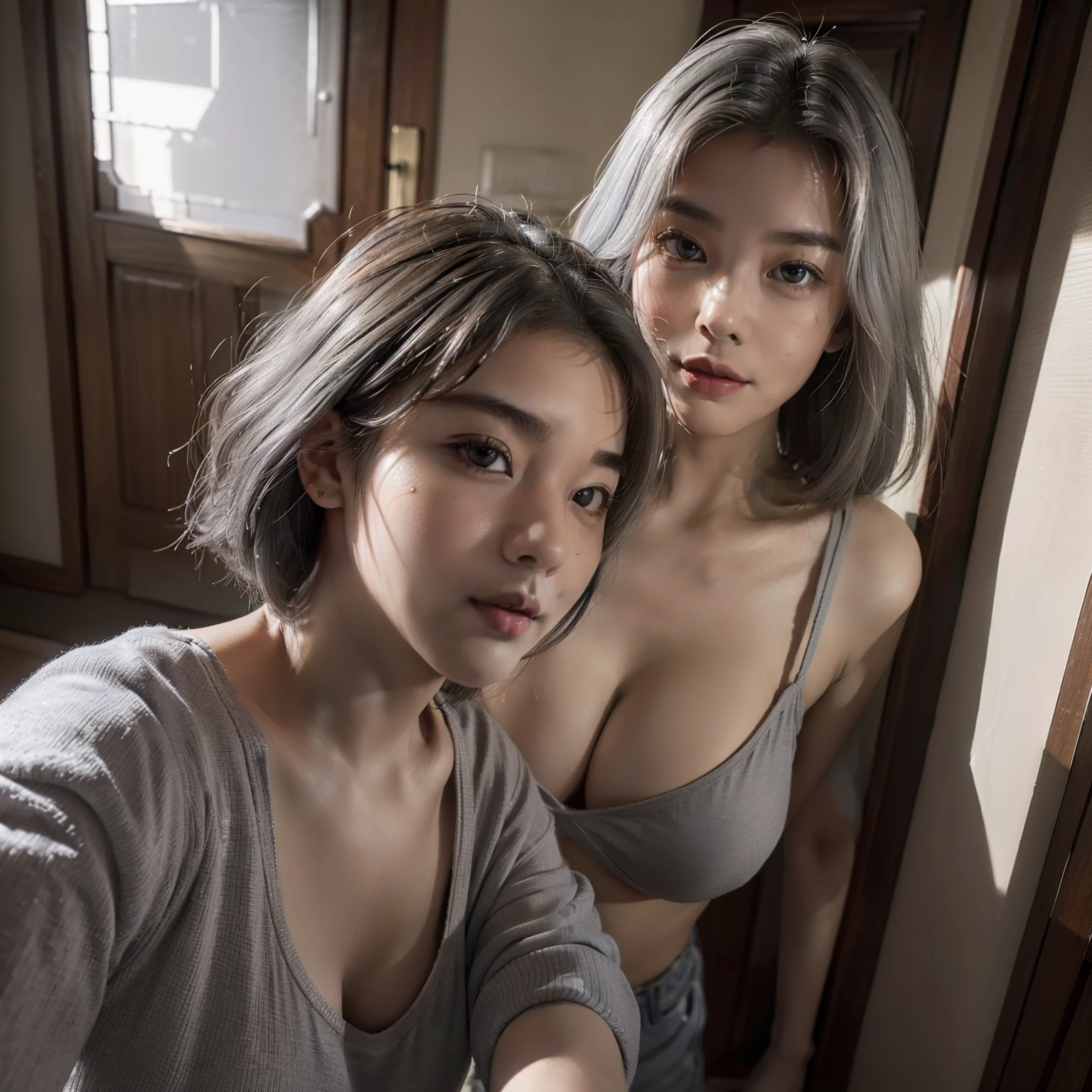 top-quality、超A high resolution、(Photorealsitic:1.4)、(2 girls、12 year old)、(faded gray hair:1、bobhair)、(huge-breasted、Colossal tits、small areola)、(looking at viewert、a closeup、a room、in a house、The front door of the house)、(undergarment、selfee、masks)