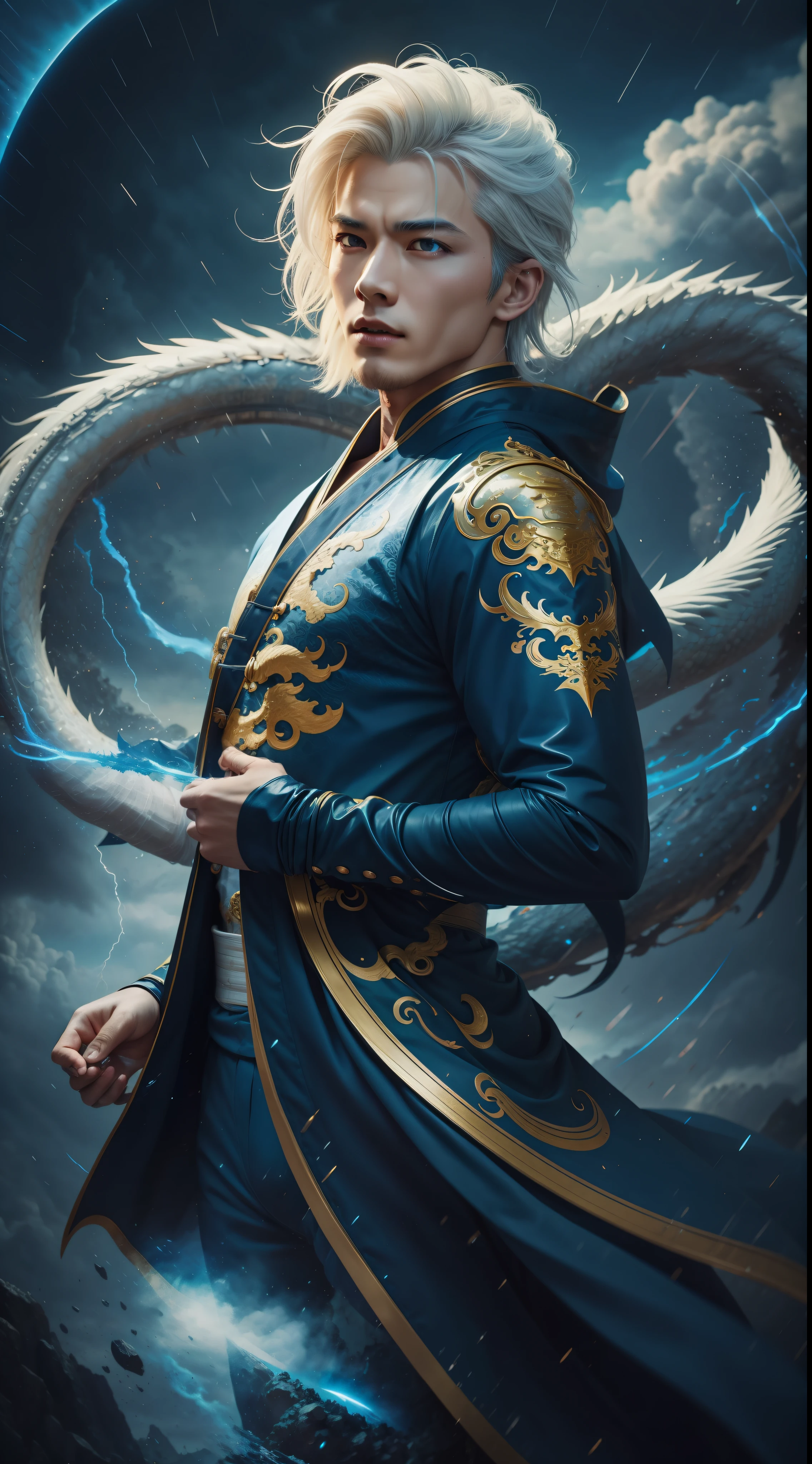 Handsome, 25 years old, Asian, master work, best picture quality, higher quality, high detail, super high resolution, (realistic: 1.4) 8k resolution, delicate facial features, boys, big muscles, tattoos, glowing eyes, short hair, white hair, hair details, (full body: 0.6), detailed background , [[look away, look to the side, emphasize homosexuality and pay attention to every detail , open Hanfu transparent tulle jacket, white rubber pants, circling dragon, Chinese garden background (crotch bulge), The body is full of thunder and lightning, (((((blue thunder)))) blue thunderbolt, fa gong, wind and thunder art, Chinese kung fu, fingerless gloves, wristbands, dragon theme costumes, monk robes, spinning floating particles, dynamic composition, heavy rain background, very many thunder and lightning flashing, night black background
