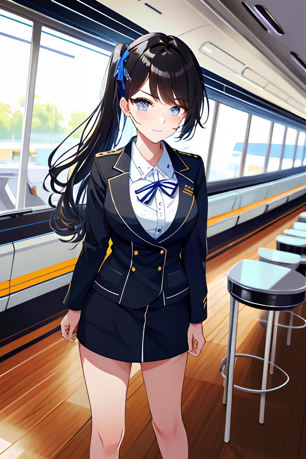 Guli Naza, hentail realism,1girll, 独奏, long whitr hair, mediuml breasts, (Split color hair, Black hair, Dark black hair: 1.3), Blue and black eyes, ssmile, standing on your feet, dynamicposes, 8K, tmasterpiece, best qualtiy, absurderes, Perfect flight attendant, cinmatic lighting, cowboy lens, (flightattendantuniform:1.1), (aerodrome、sobu:1.1)