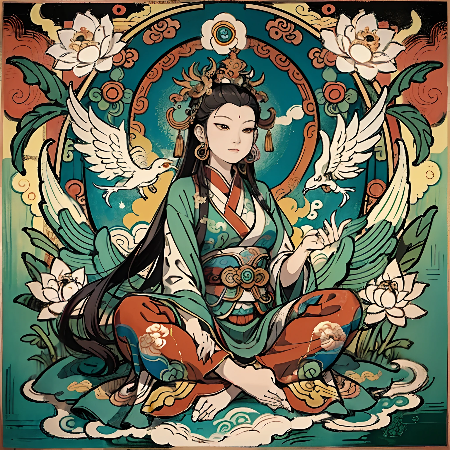 an ancient Chinese goddess, guanyin of the southern seas, Guanyin, Inspired by India, Avalokiteshvara rides a phoenix,,Serene expression,shui mo hua,Buddha,Buddhist,Lotus,Chinese painting style,Thangka style