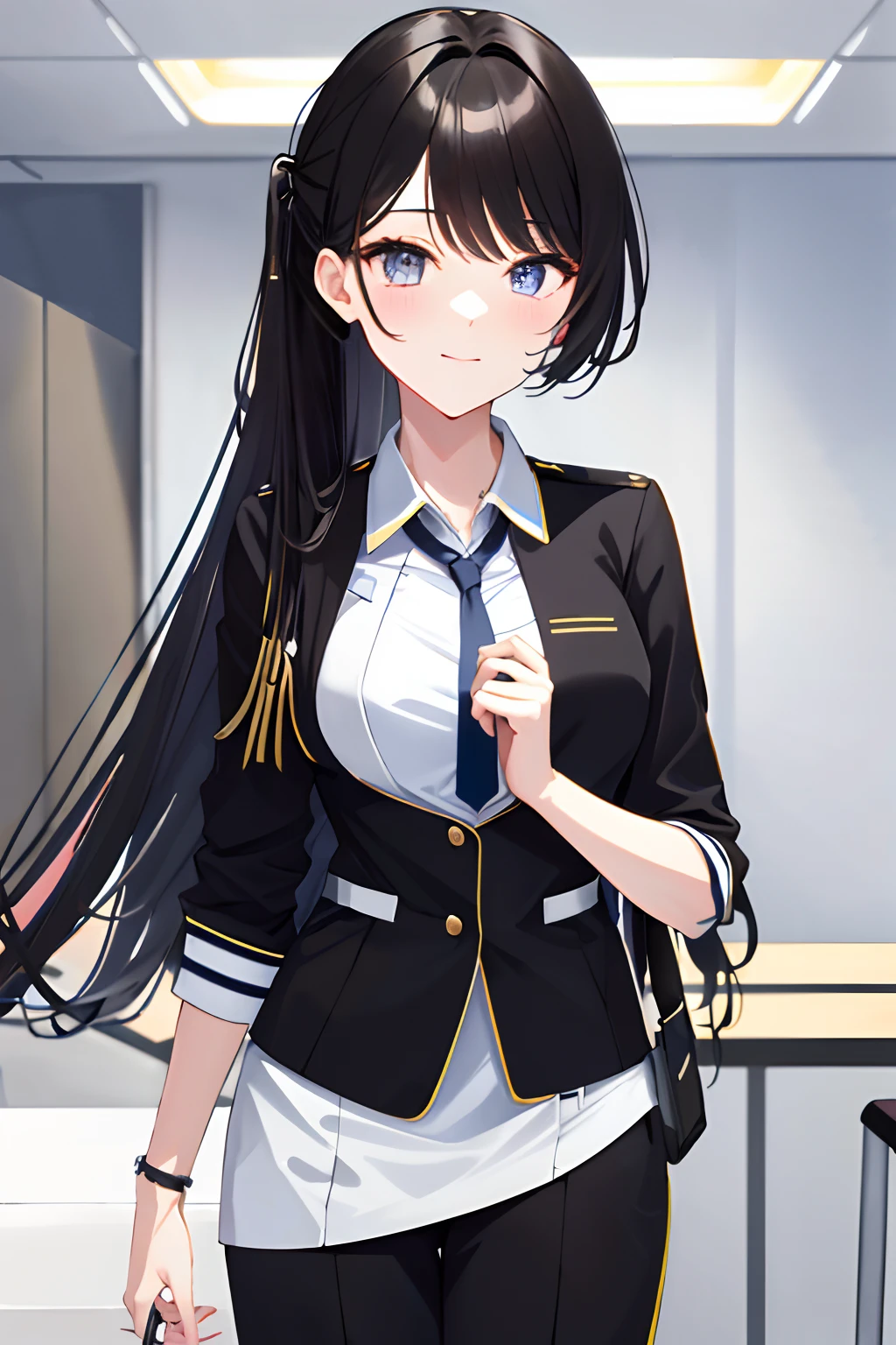 Guli Naza, hentail realism,1girll, 独奏, long whitr hair, mediuml breasts, (Split color hair, Black hair, Dark black hair: 1.3), Blue and black eyes, ssmile, standing on your feet, dynamicposes, 8K, tmasterpiece, best qualtiy, absurderes, Perfect flight attendant, cinmatic lighting, cowboy lens, (flightattendantuniform:1.1), (aerodrome、sobu:1.1)
