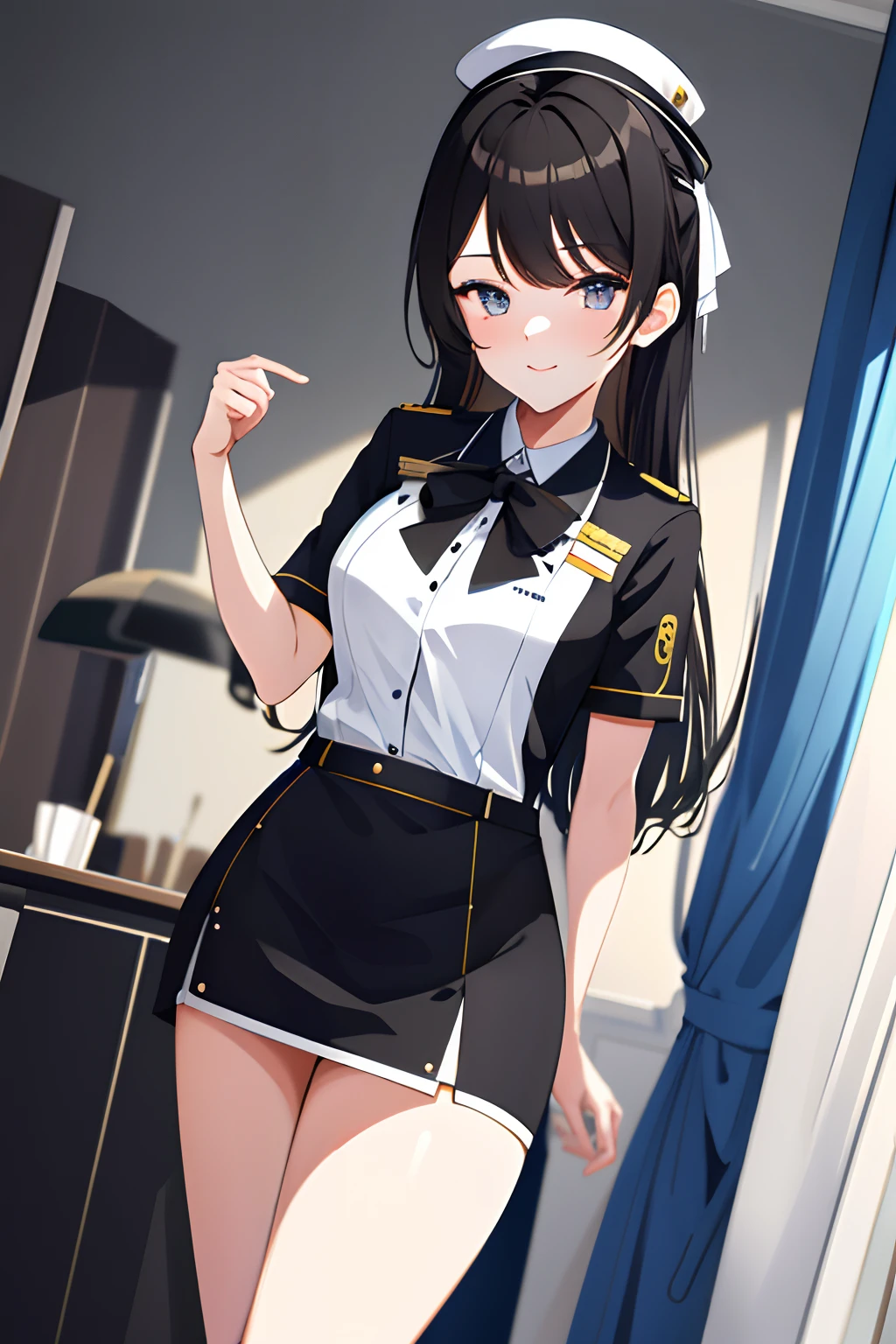 Guli Naza, hentail realism,1girll, 独奏, long whitr hair, mediuml breasts, (Split color hair, Black hair, Dark black hair: 1.3), Blue and black eyes, ssmile, standing on your feet, dynamicposes, 8K, tmasterpiece, best qualtiy, absurderes, Perfect flight attendant, cinmatic lighting, cowboy lens, (flightattendantuniform:1.1), (aerodrome、sobu:1.1)