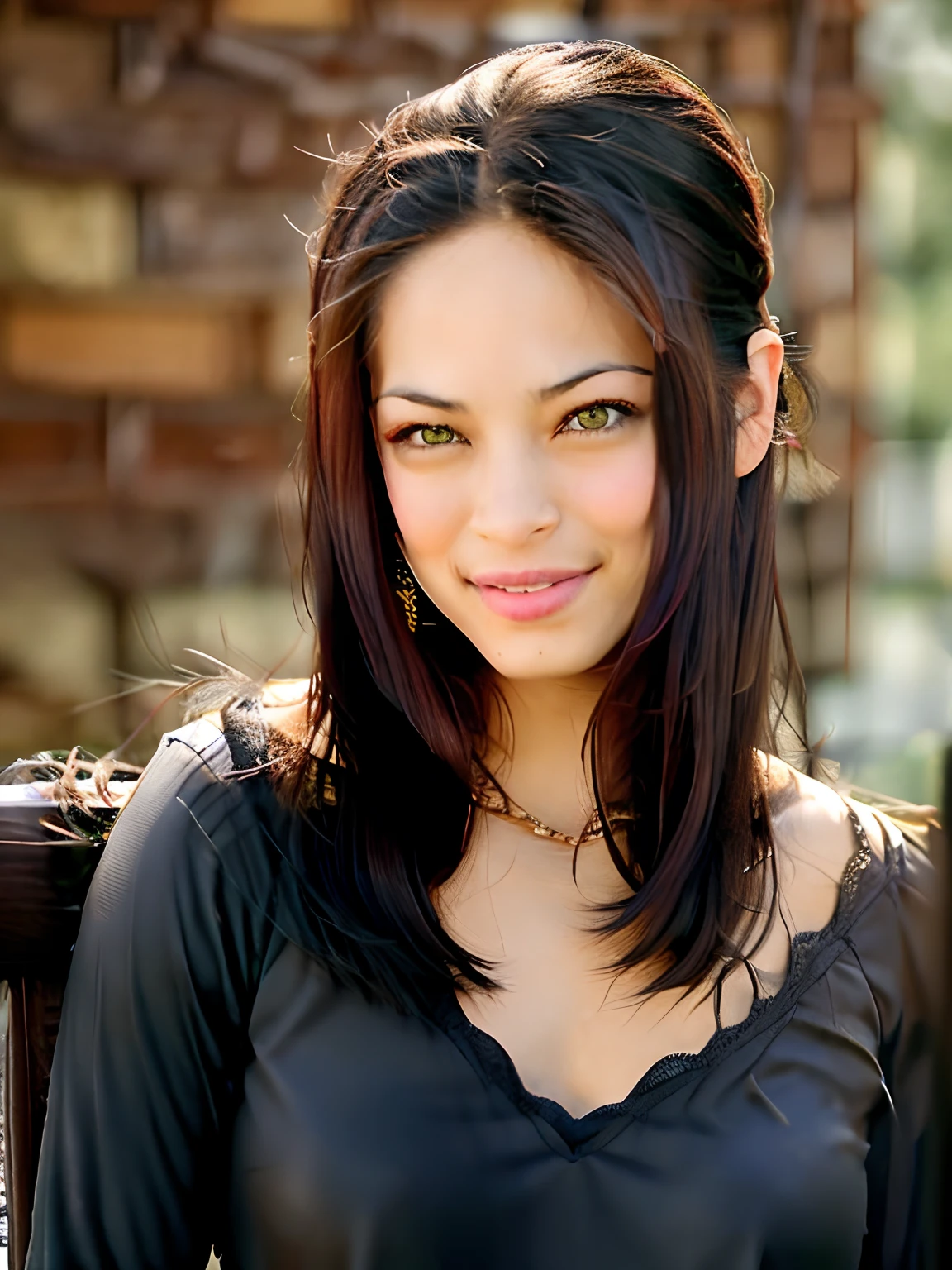 Kristin Kreuk usando espartilho preto, decote, looking over his shoulder at the camera, large_breasts