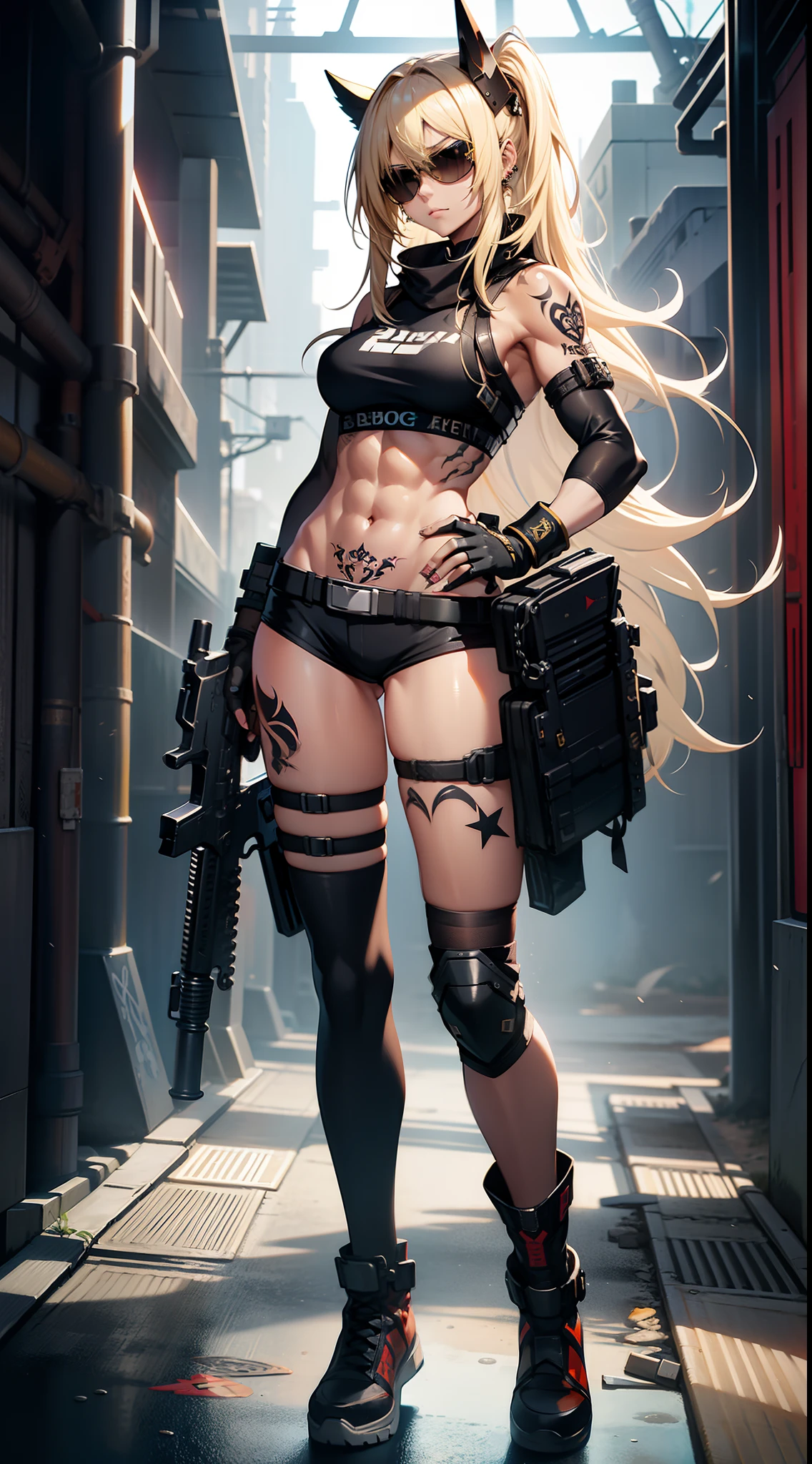 1girl, abs, arm tattoo, black gloves, blonde hair, chain, elbow gloves, full body, gloves, gun, hand on hip, holding gun, holding weapon, long hair, mask, muscular, short shorts, shorts, shoulder tattoo, single thighhigh, solo, standing, stomach tattoo, sunglasses, swimsuit, tattoo, thighhighs, weapon