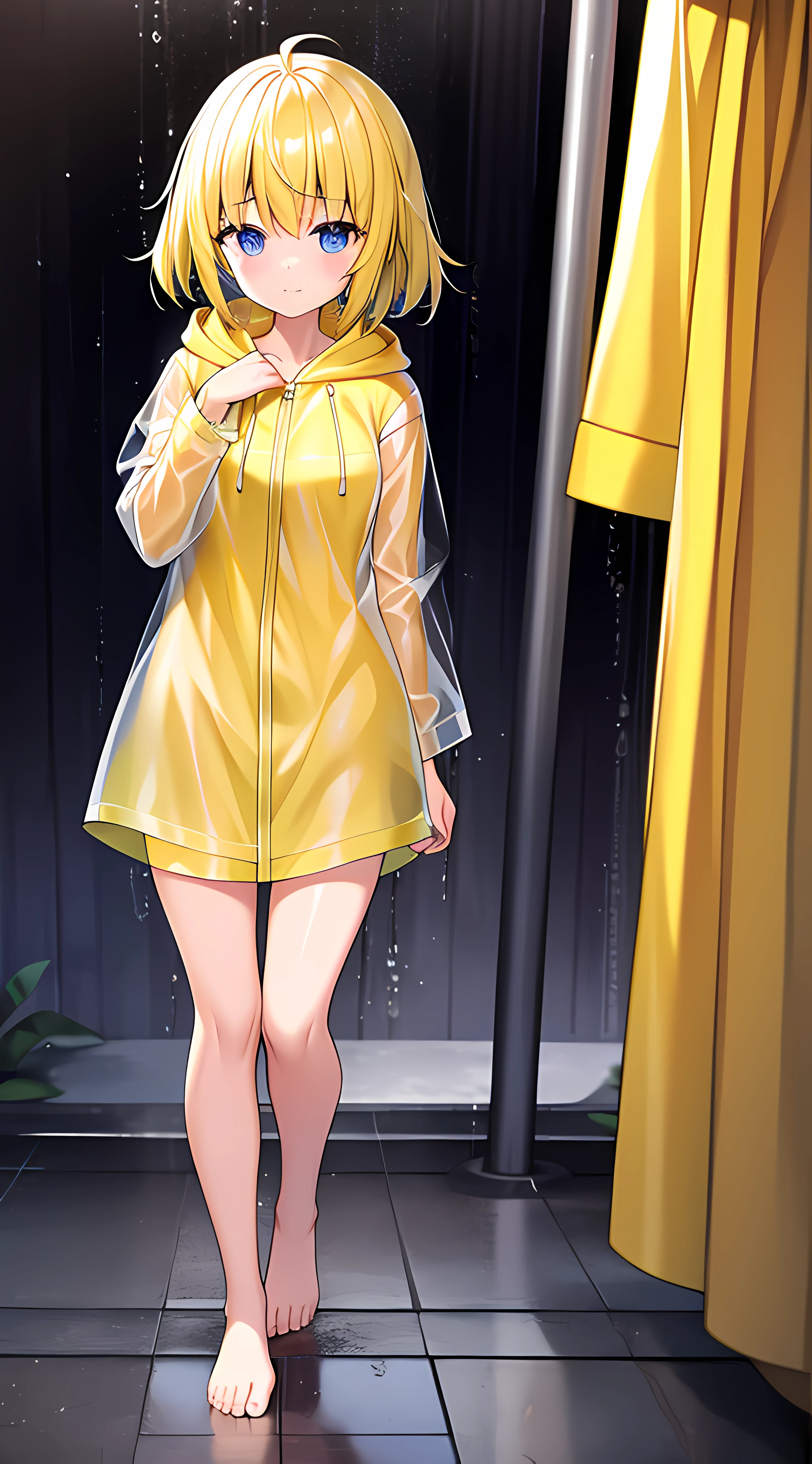 Yellow hood raincoat girl,stand posture,Positive perspective,Barefoot and barefoot,Scene of a downpour,Accentuates the raincoat gel texture,Accentuates the translucent texture of the raincoat。