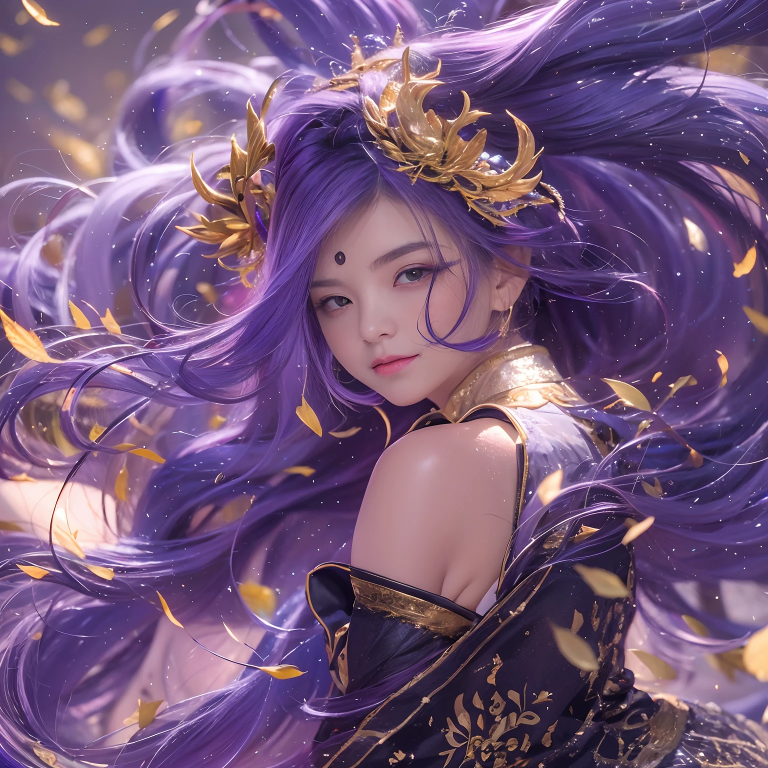 32K(tmasterpiece,k hd,hyper HD,32K)Long flowing bright purple hair,Autumn Pond,zydink, a color, Asian people (Silly girl), (Silk scarf), Combat posture, looking at the ground, long whitr hair, Floating bright purple, Fire cloud pattern gold tiara, Chinese long-sleeved gold silk garment, (abstract ink splash:1.2), white backgrounid,Lotus protector(realisticlying:1.4),Bright purple hair,Smoke on the road,The background is pure, A high resolution, the detail, RAW photogr, Sharp Re, Nikon D850 Film Stock Photo by Jefferies Lee 4 Kodak Portra 400 Camera F1.6 shots, Rich colors, ultra-realistic vivid textures, Dramatic lighting, Unreal Engine Art Station Trend, cinestir 800,Long flowing bright purple hair
