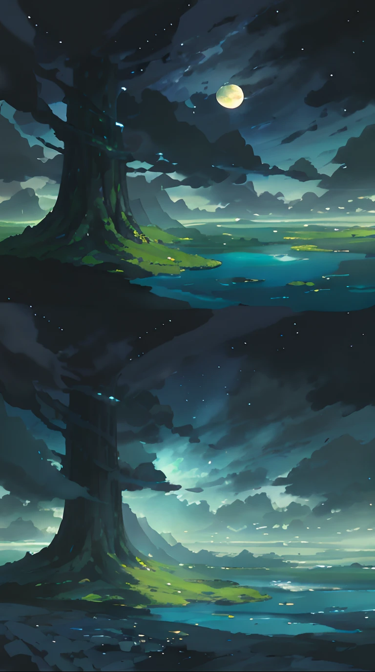 A surrealist one、Otherworldly、Illustration of the super sky scene,Including a large tree、Very detailed and magical lighting、Intricate forest details、Vegetation and surrounding rivers、Solar punk、scenecy、giant tree、Beautiful green leaves、Beautiful lighting and realistic proportions,As if it were a movie backdrop,8K,HighestQuali,tmasterpiece,Clouds and stars in the sky,Floating star whales,Look around,This is a colored planet,Although it does not change gradually, like a rainbow,But still beautiful,Each area has its own color,The meeting point of each area is a gradient color that does not violate the rules,There are even islands suspended above the atmosphere。