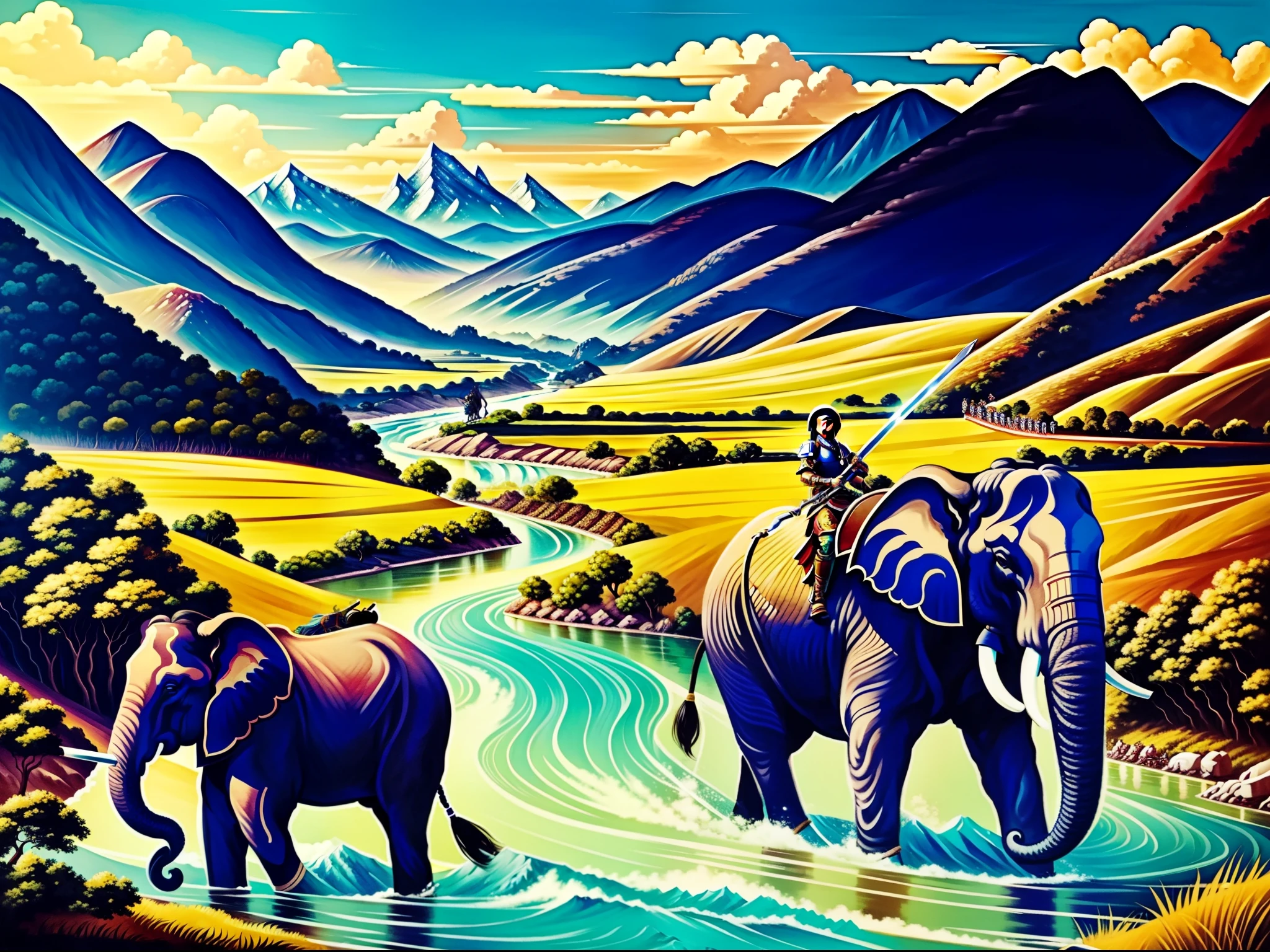 color painting of Hai Ba Trung riding on elephants, ready to go to battle to defend the country. Two strong and courageous women, Wear armor, holding a sword, The eyes shone with determination and the will to fight. The elephants are equipped with protection, bring majesty and strength. The background of the picture is the landscape of the homeland, with mountains and rivers, Create a magnificent and proud scene. —c 10 —ar 2:3