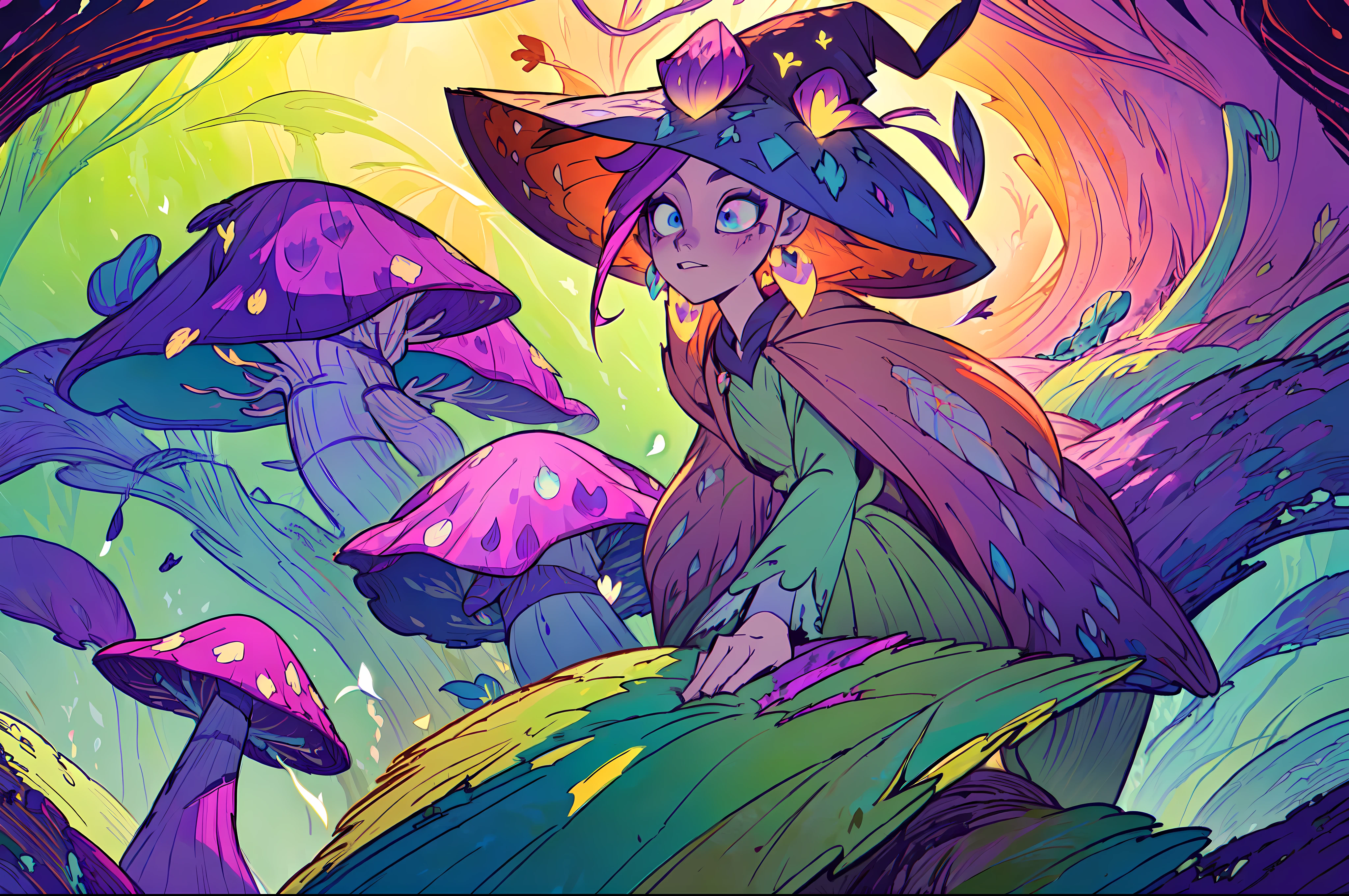 surreal estate,surrounded by sugary purple bramble,sharp details,dynamic view,
magical domaine,extremly vivid colors,slightly psychedelic,mushroom-like hat,sweet gaze,mysterious figure,large hat,breeze in the air(dynamic wind),welcoming,open door house(in bramble wall),candy trees,flowery wild nature,
fairytale aesthetic,hints of dark-fairytale,illustration,magicaly detailed,not-so-intricate,vibrant colors,energetic pulses,musical breeze(music notes flying around),bewitching view