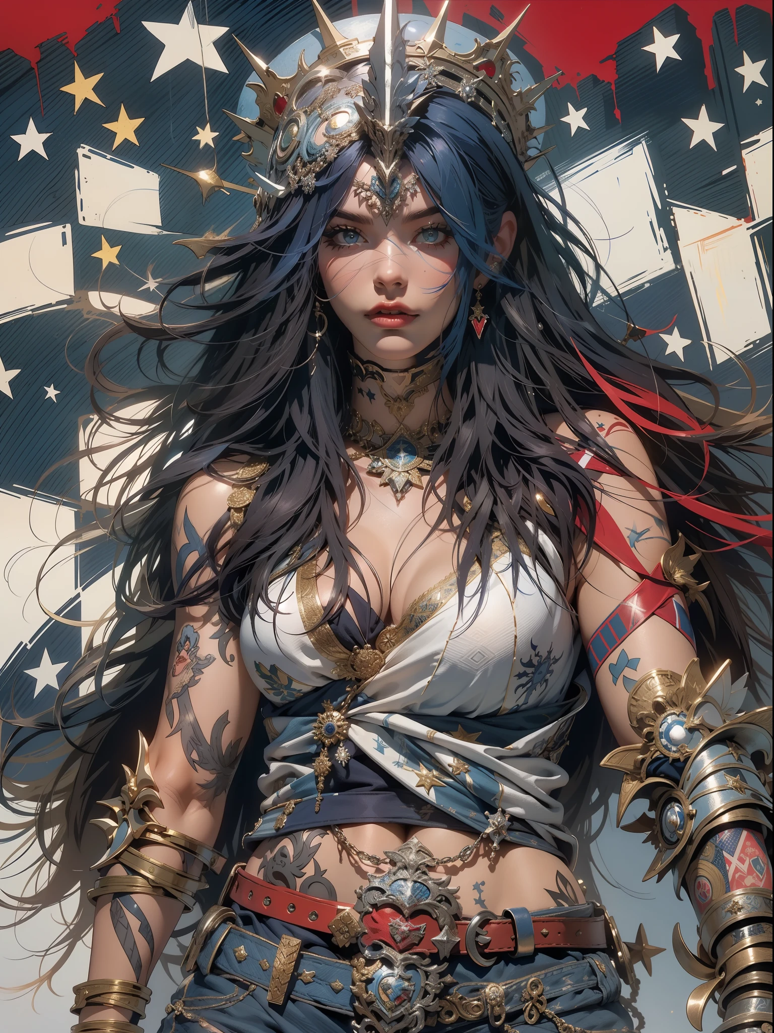 (((mulher))), (((melhor qualidade))), (((obra prima))), (((adulto))), Uma guerreira mulher de 35 anos com corpo perfeito, Gladiadores do Brooklyn, (( sob os peitos )), quase nua no estilo selvagem urbano de Simon Bisley para a capa da revista Heavy Metal, cabelo loiro, Minimum clothing, Dark blue with white stars and red and white checkerboard pattern, armadura, cheio de pontas e rebites, tatuagem tribal, (((do joelho pra cima))), cabelo desalinhado
