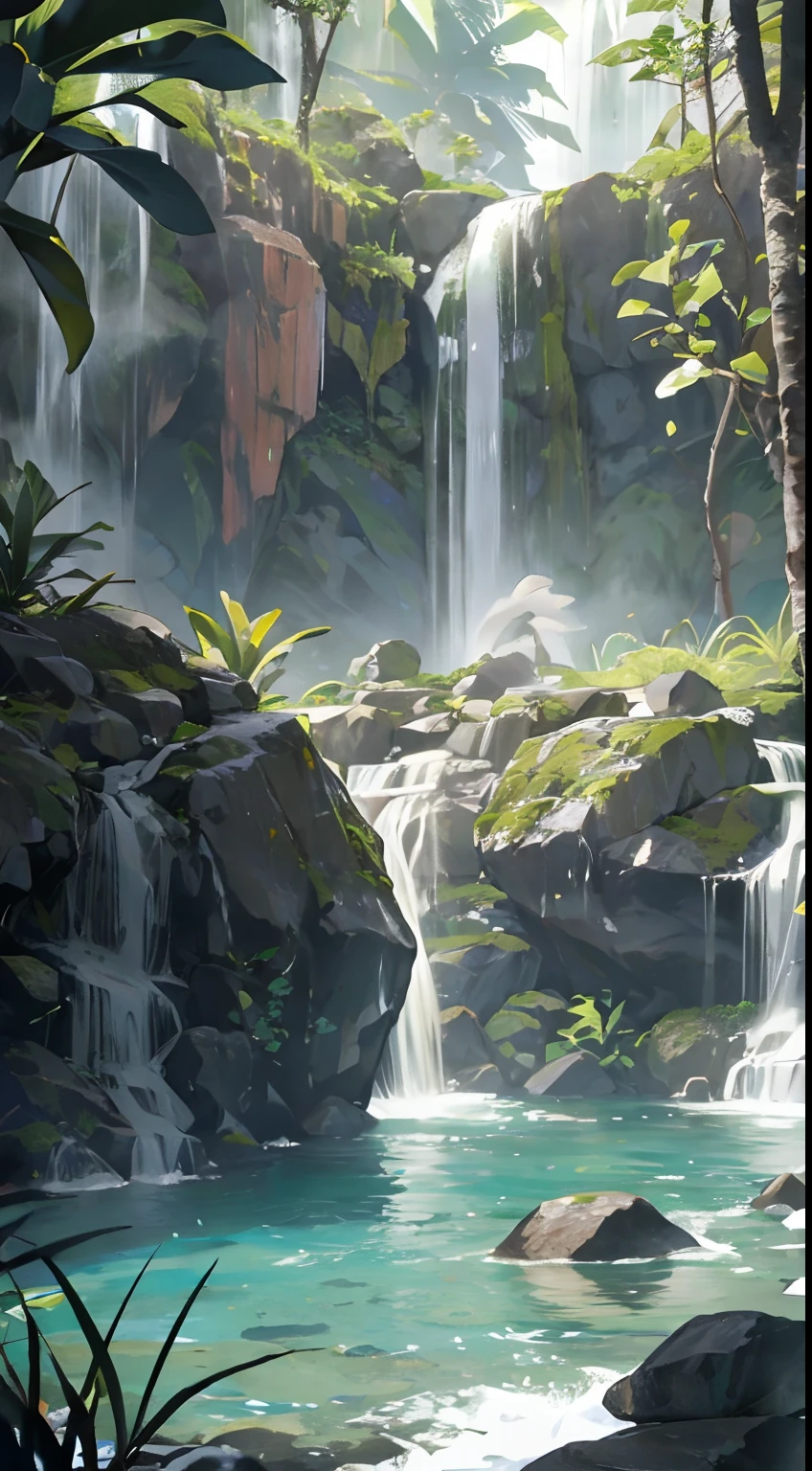 Uma paisagem diurna de uma cachoeira, surrounded by rocks and vegetation. The water falls hard and forms a mist that reflects the colors of the rainbow. The sound of the waterfall is intense and relaxing. The vegetation is green and varied, com flores silvestres e borboletas. No fundo da cachoeira, there is a crystal clear lake, onde peixes nadam tranquilamente. The air is cool and humid, and the climate is mild.