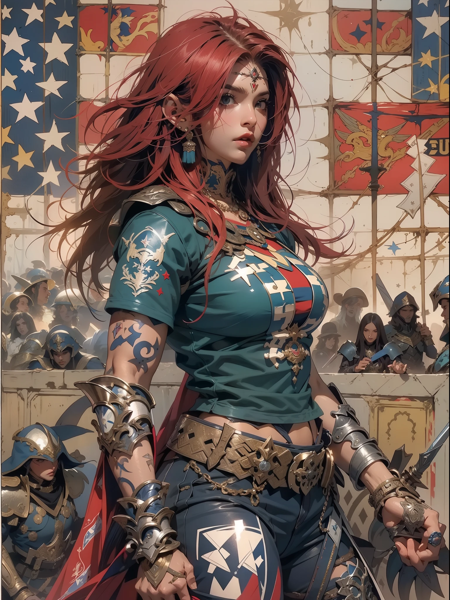 (((mulher))), (((melhor qualidade))), (((obra prima))), (((adulto))), Uma guerreira mulher de 35 anos com corpo perfeito, Gladiadores do Brooklyn, (( sob os peitos )), quase nua no estilo selvagem urbano de Simon Bisley para a capa da revista Heavy Metal, cabelo loiro, Minimum clothing, Dark blue with white stars and red and white checkerboard pattern, armadura, cheio de pontas e rebites, tatuagem tribal, (((do joelho pra cima))), cabelo desalinhado