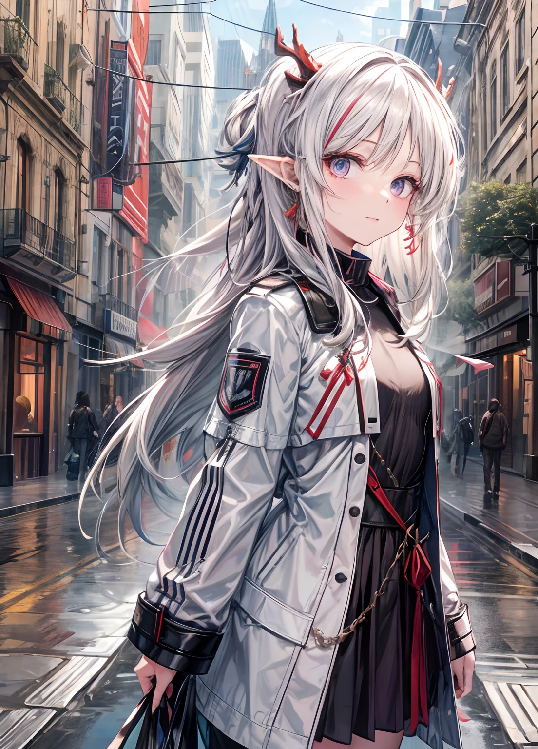 Amidst the vibrant rhythm of a modern fantasy city, A young woman with long white hair moves forward with a presence that fuses the magical and the contemporary. Su cabello fluye como hebras de luna, framing a face of delicate features and small horns that poke gracefully from his head, adding a touch of the unusual to your appearance. Viste un vestido negro que combina elegancia y estilo urbano, con una falda que ondea con cada paso y le confiere una cierta ligereza. Her bare hands and curious gaze reveal her connection to the environment around her.. As you walk the streets full of energy, los rascacielos se alzan como pilares de progreso, y los hologramas parpadeantes llenan el aire de colores cambiantes. In this scenario of contrasts and technological wonders, Your protagonist embodies the union between the fantastic and the modern as he explores in awe the city full of opportunities.
