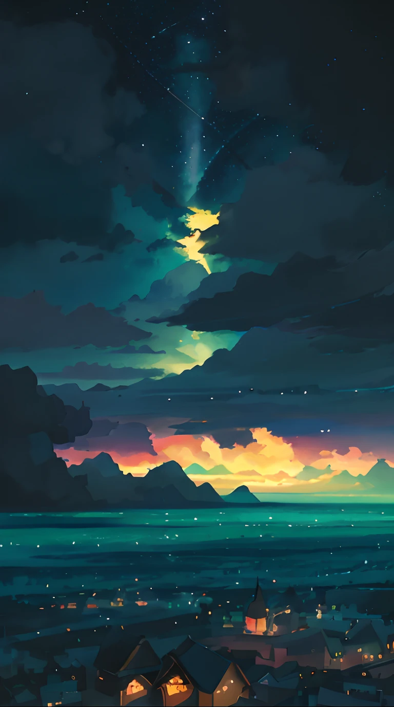 A surrealist one、Otherworldly、Illustration of the super sky scene，Including a large tree、Very detailed and magical lighting、Intricate forest details、Vegetation and surrounding rivers、Solar punk、scenecy、giant tree、Beautiful green leaves、Beautiful lighting and realistic proportions，As if it were a movie backdrop，8K，HighestQuali，tmasterpiece，Clouds and stars in the sky，Floating star whales，Look around，This is a colored planet，Although it does not change gradually, like a rainbow，But still beautiful，Each area has its own color，The meeting point of each area is a gradient color that does not violate the rules，There are even islands suspended above the atmosphere。