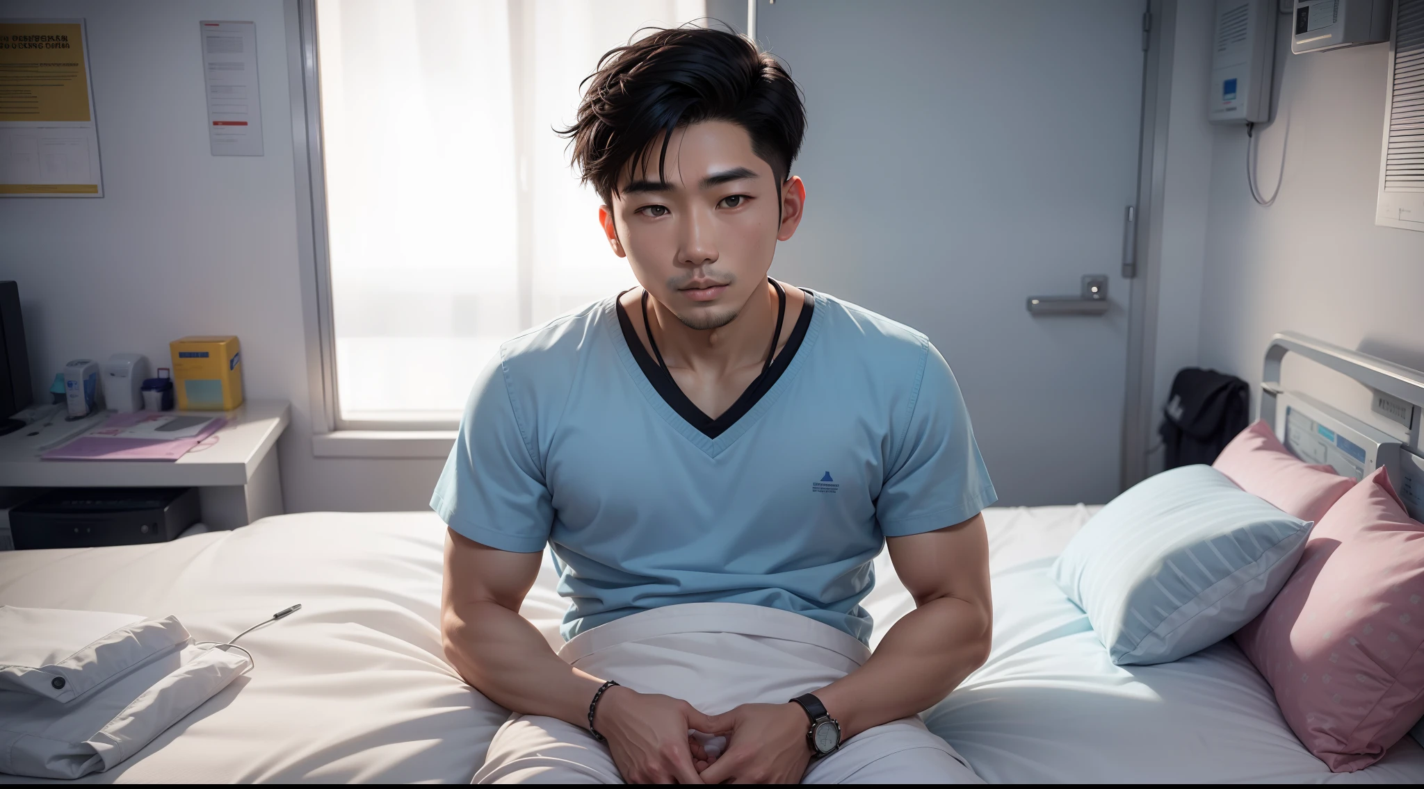 Asian man 23 years old, internado com aparelhos, deitado na cama do hospital.