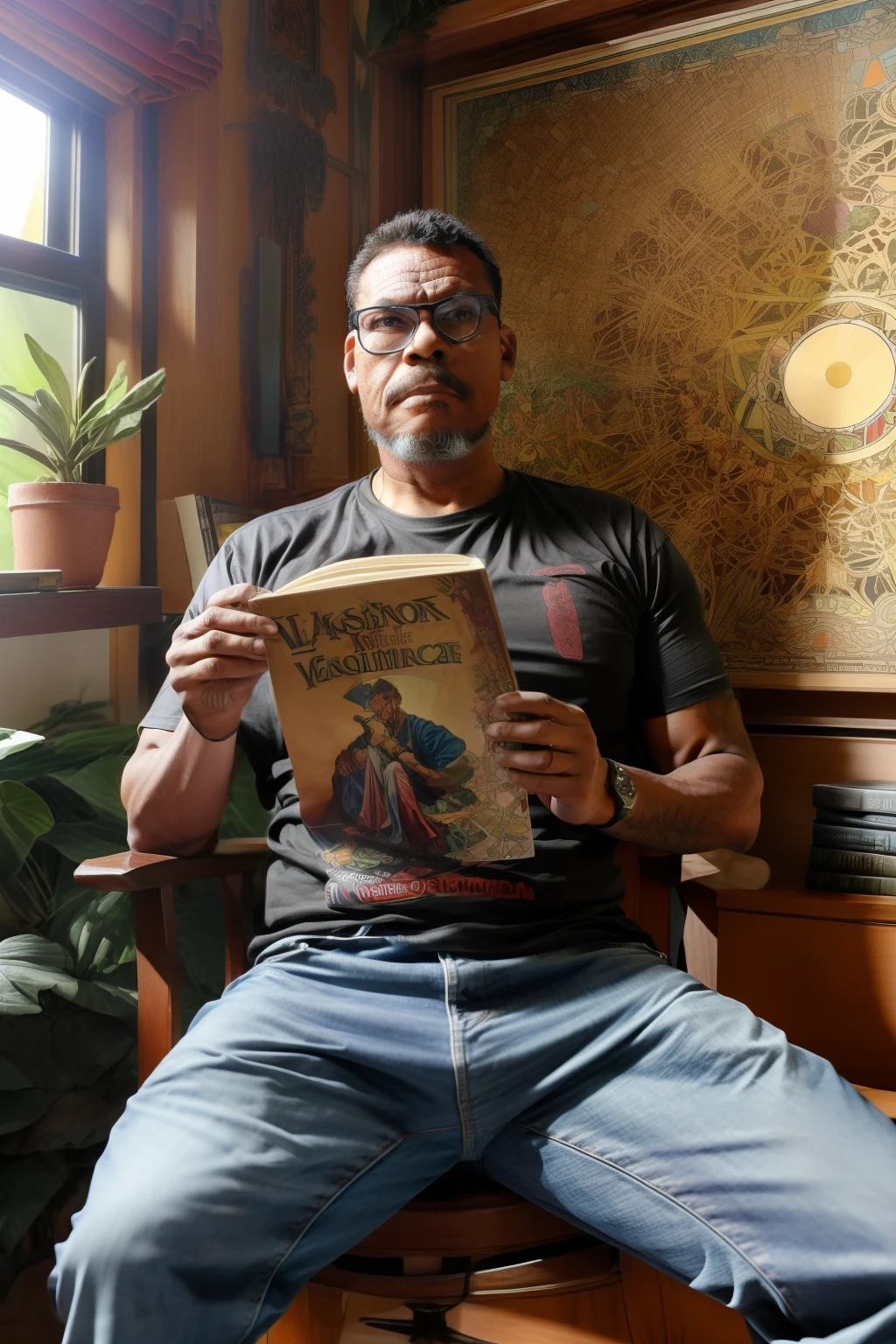 guttonerdvision10, um homem sentado ao lado de uma arvore, in jeans and t-shirt, lendo um livro, pixiv, intrincate, alphonse mucha style, scientific fiction