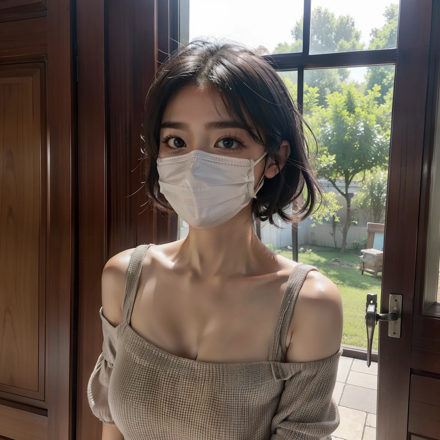 top-quality、超A high resolution、(Photorealsitic:1.4)、(女の子1人、)、(faded gray hair:1、bobhair)、(huge-breasted、Colossal tits、small areola)、(looking at viewert、a closeup、a room、in a house、The front door of the house)、(undergarment、selfee、masks)