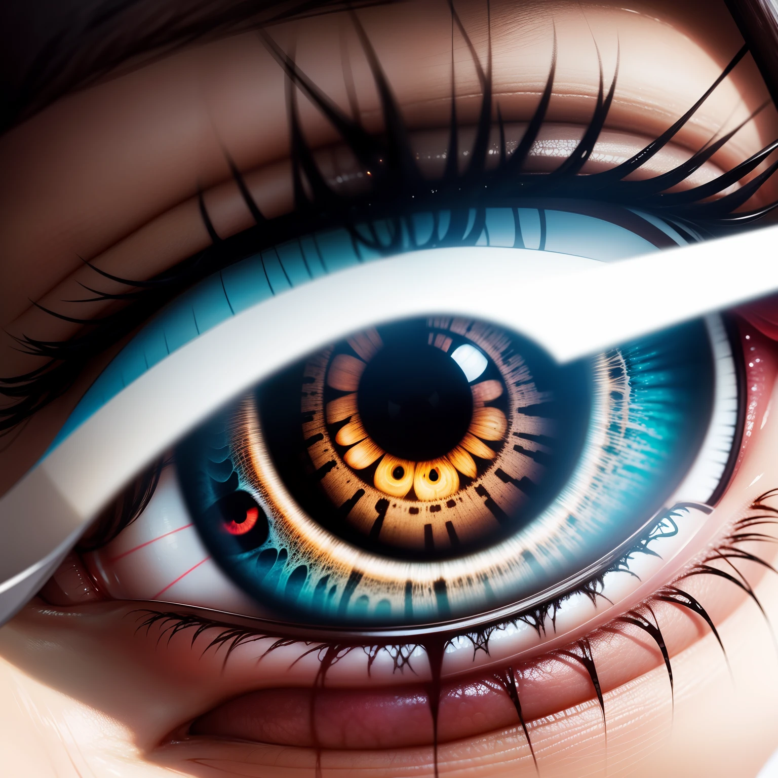 Create the image of a human illuminated eye with several pupils inside it