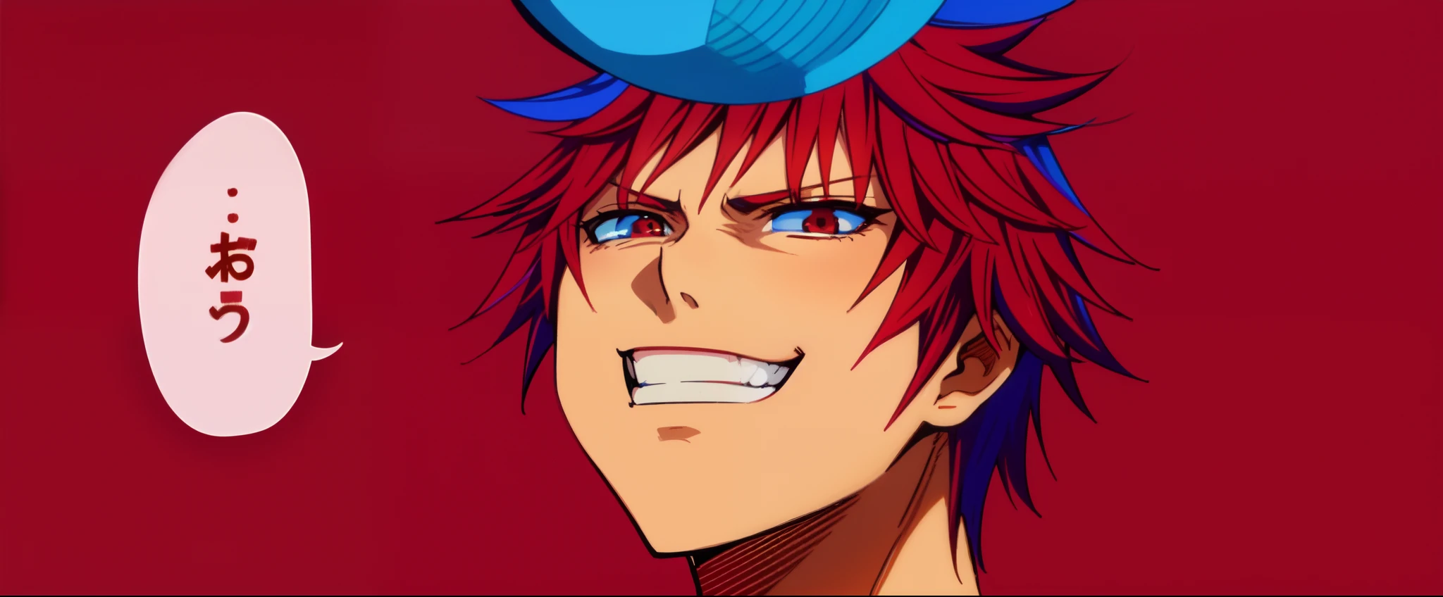 a anime of a boys manga, close up, red blue hair color, ball, smirk smile, text manga, color manga, manga color, color manga, color manga panel, simple background