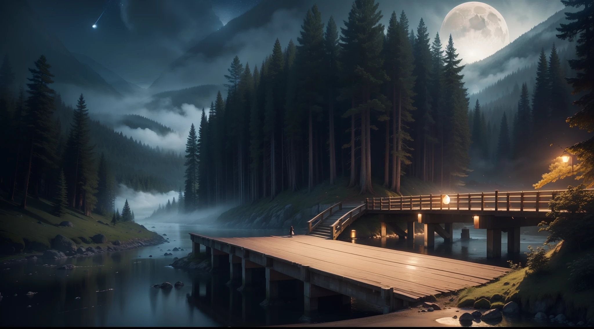 a huge wooden bridge in an ultra realistic forest with mountains around and huge trees with mists on the ground and fireflies and lights between the trees a sky co a shining moon and a woman with long hair on the coast on the bridge watching the moonlight image in 8k ultra realistic