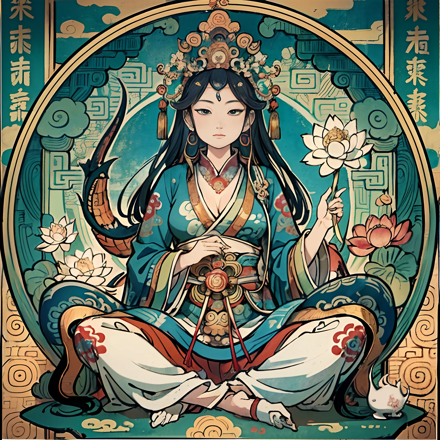 an ancient Chinese goddess, guanyin of the southern seas, Guanyin, Inspired by India, Avalokiteshvara rides a dragon，,Serene expression,shui mo hua,Buddha,Buddhist,Lotus,Chinese painting style,Thangka style