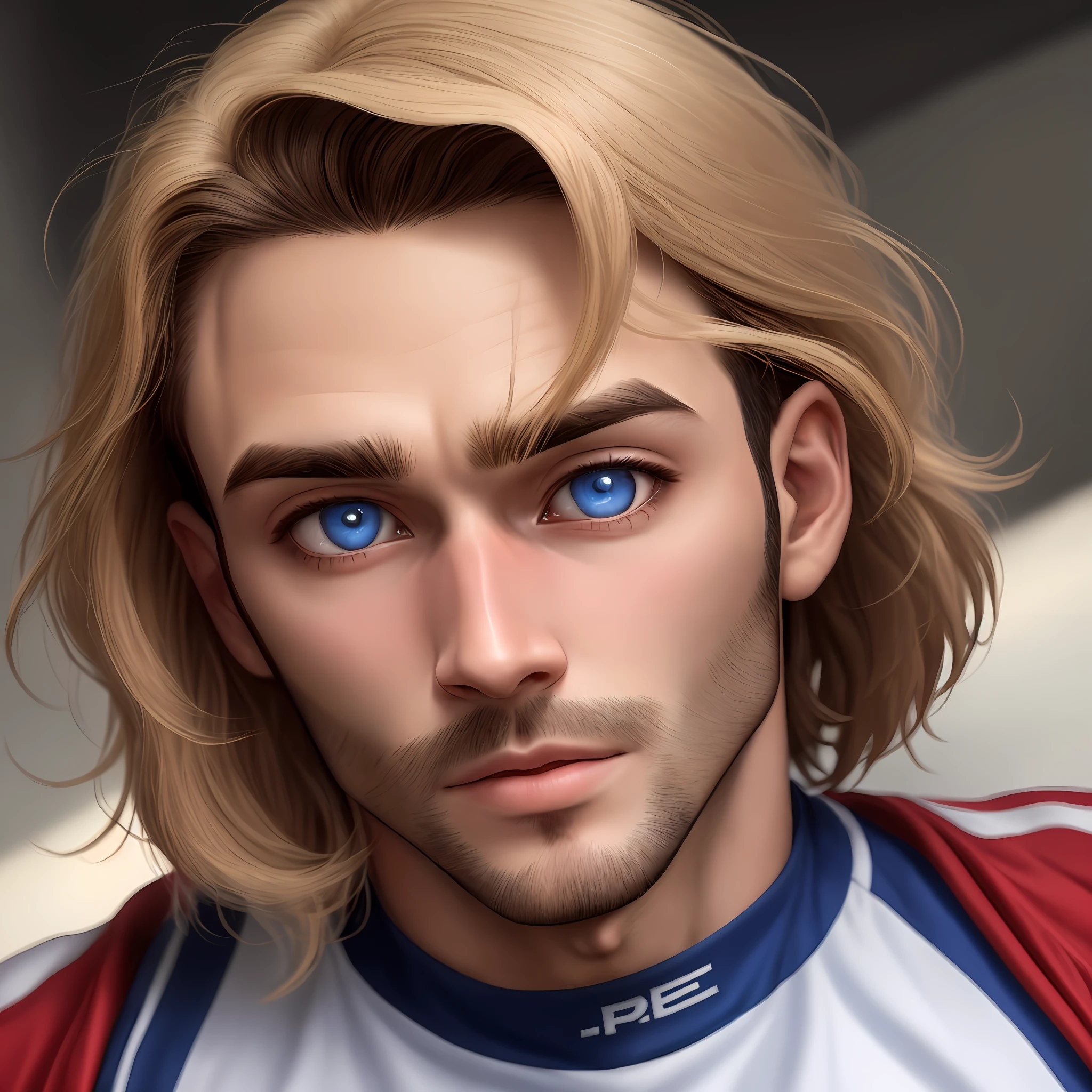 Crie um personagem masculino com olhos vermelhos e cabelo loiro e pele morena