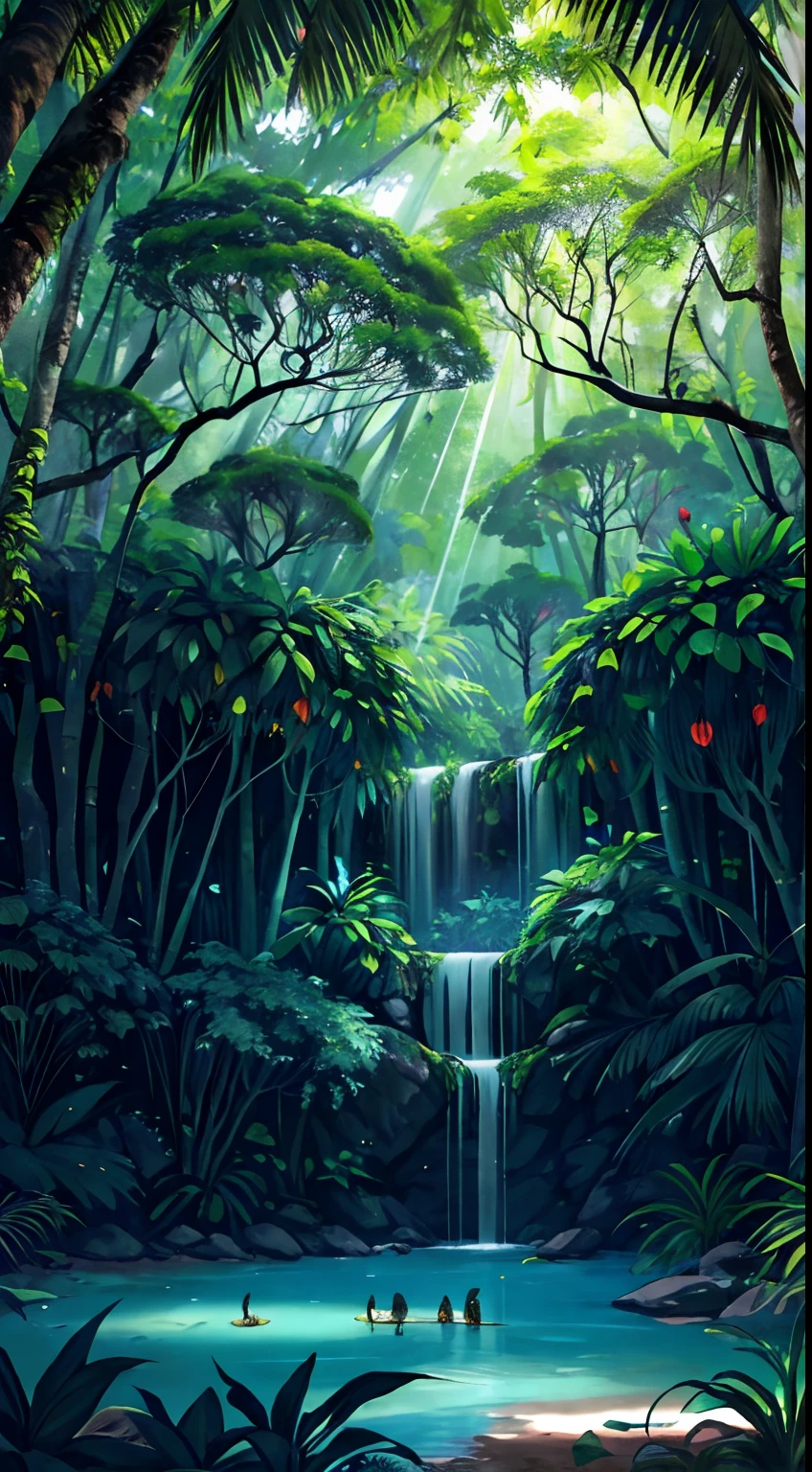 Uma paisagem noturna de uma floresta tropical, iluminada pela luz da lua cheia. The vegetation is dense and lush, with tall trees and plants of various types and colors. on floor, there are dried leaves and ripe fruits, que servem de alimento para os animais que habitam o lugar. Entre os sons da natureza, The song of the birds stands out, the croaking of frogs and the noise of the waters of a stream that cuts through the forest