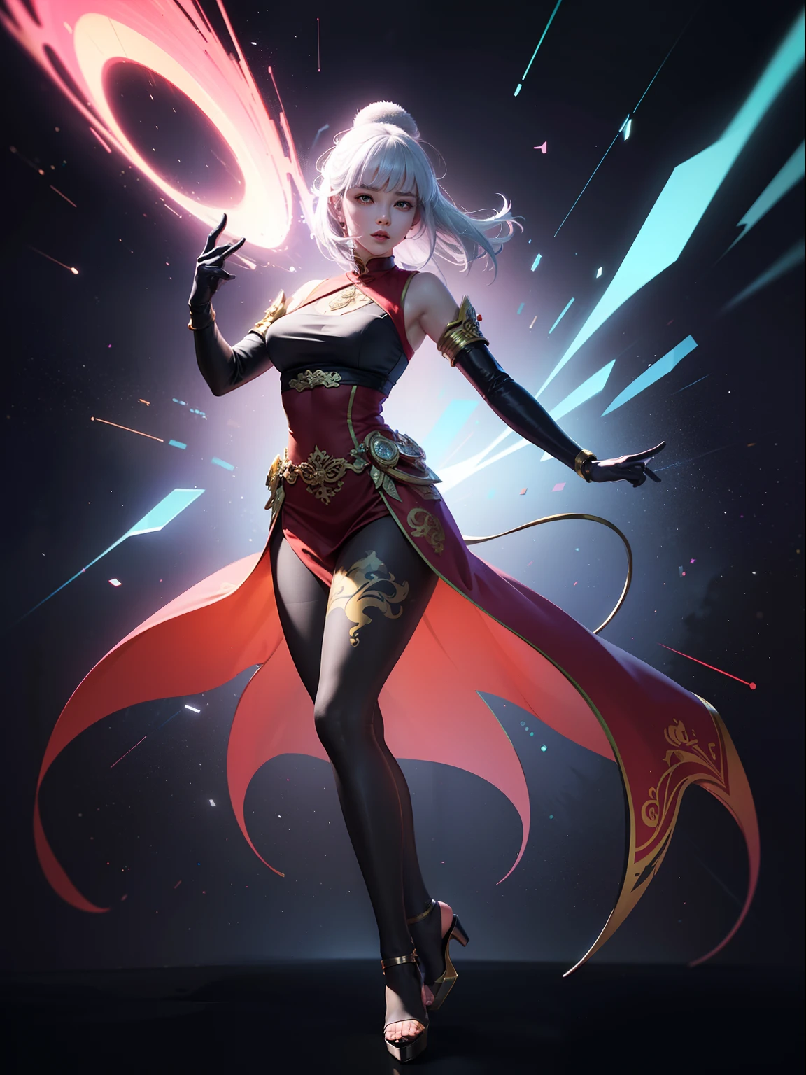 (full body:1.5),(1girl:1.3),(view the viewer:1.4),(anatomy correct:1.45),(Wear printed fantasy Buddhist monk set and point-toe heels ,and very thick printed pantyhose :1.35), (Light particle effect:1.3),(In pink | amarelo | blue colors| green color |red colour | white colors| black in color| purpleish color| greys| Beige| Flesh color 1.4),(Glowing eyes:1.3),(Large amplitude action: 1.3),(Accurate and perfect face:1.4),hyper HD, Ray traching, reflective light,structurally correct, Award-Awarded, high detal, lightand shade contrast, Face lighting,cinmatic lighting, tmasterpiece, super detailing, high high quality, high detal, best qualityer, 16k,High contrast,