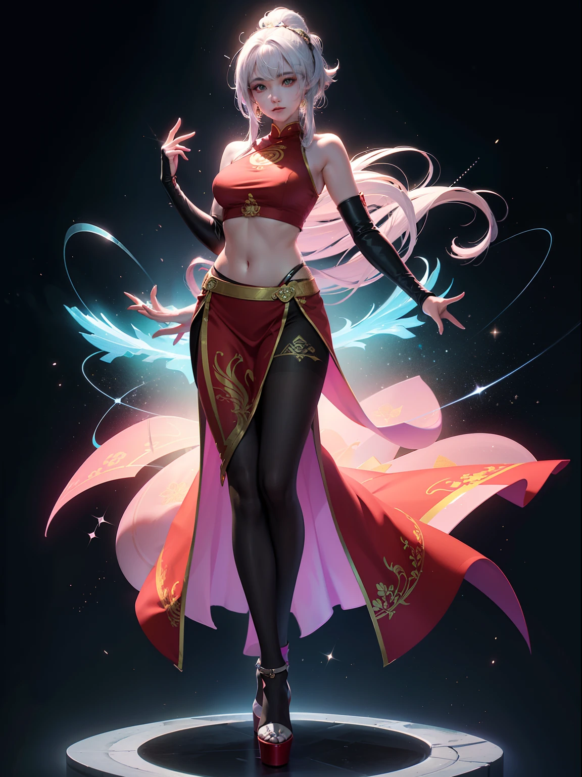 (full body:1.5),(1girl:1.3),(view the viewer:1.4),(anatomy correct:1.45),(Wear printed fantasy Buddhist monk set and point-toe heels ,and very thick printed pantyhose :1.35), (Light particle effect:1.3),(In pink | amarelo | blue colors| green color |red colour | white colors| black in color| purpleish color| greys| Beige| Flesh color 1.4),(Glowing eyes:1.3),(Large amplitude action: 1.3),(Accurate and perfect face:1.4),hyper HD, Ray traching, reflective light,structurally correct, Award-Awarded, high detal, lightand shade contrast, Face lighting,cinmatic lighting, tmasterpiece, super detailing, high high quality, high detal, best qualityer, 16k,High contrast,