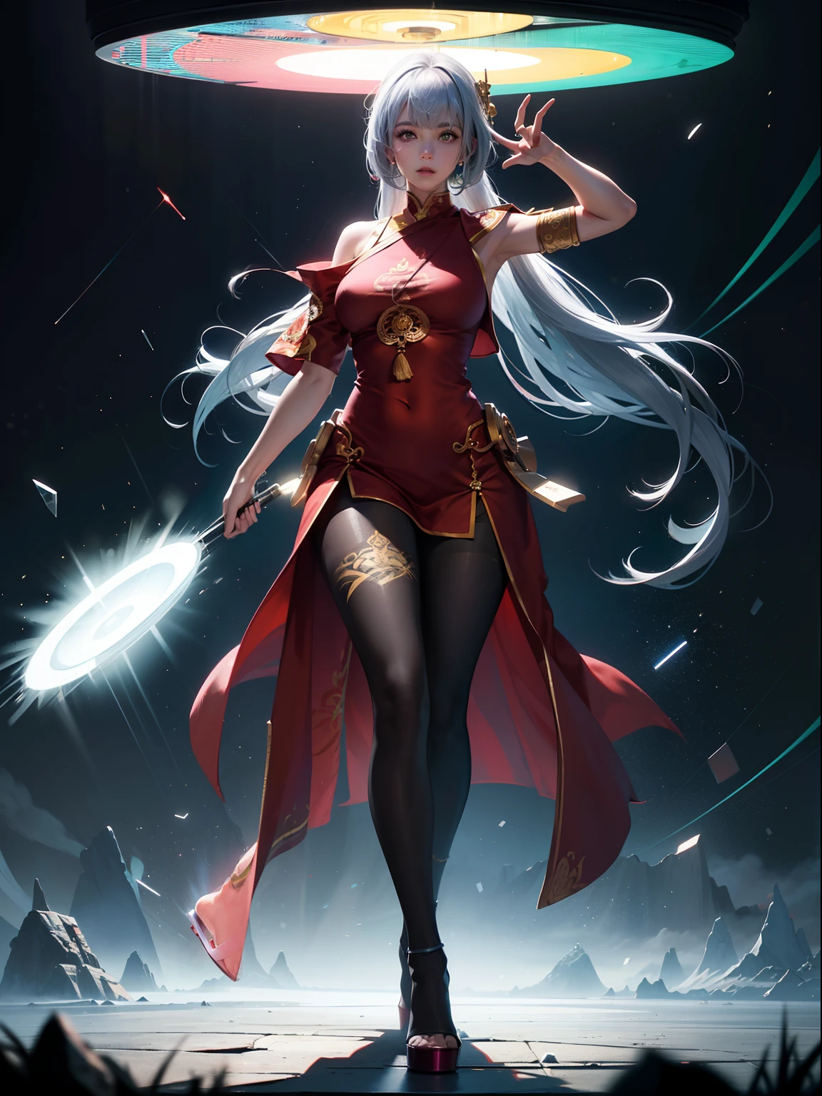 (full body:1.5)，(1girl:1.3),(view the viewer:1.4)，(anatomy correct:1.45),(Wear printed fantasy Buddhist monk set and point-toe heels ，and very thick printed pantyhose :1.35), (Light particle effect:1.3),(In pink | amarelo | blue colors| green color |red colour | white colors| black in color| purpleish color| greys| Beige| Flesh color 1.4)，(Glowing eyes:1.3),(Large amplitude action: 1.3)，(Accurate and perfect face:1.4),hyper HD, Ray traching, reflective light，structurally correct, Award-Awarded, high detal, lightand shade contrast, Face lighting，cinmatic lighting, tmasterpiece, super detailing, high high quality, high detal, best qualityer, 16k，High contrast,