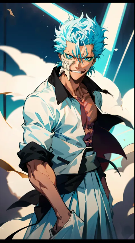 masterpiece, best quality, 1boy, grimmjow jaegerjaquez, at night, night, low light, natural light, fighting pose, white pants,  ...