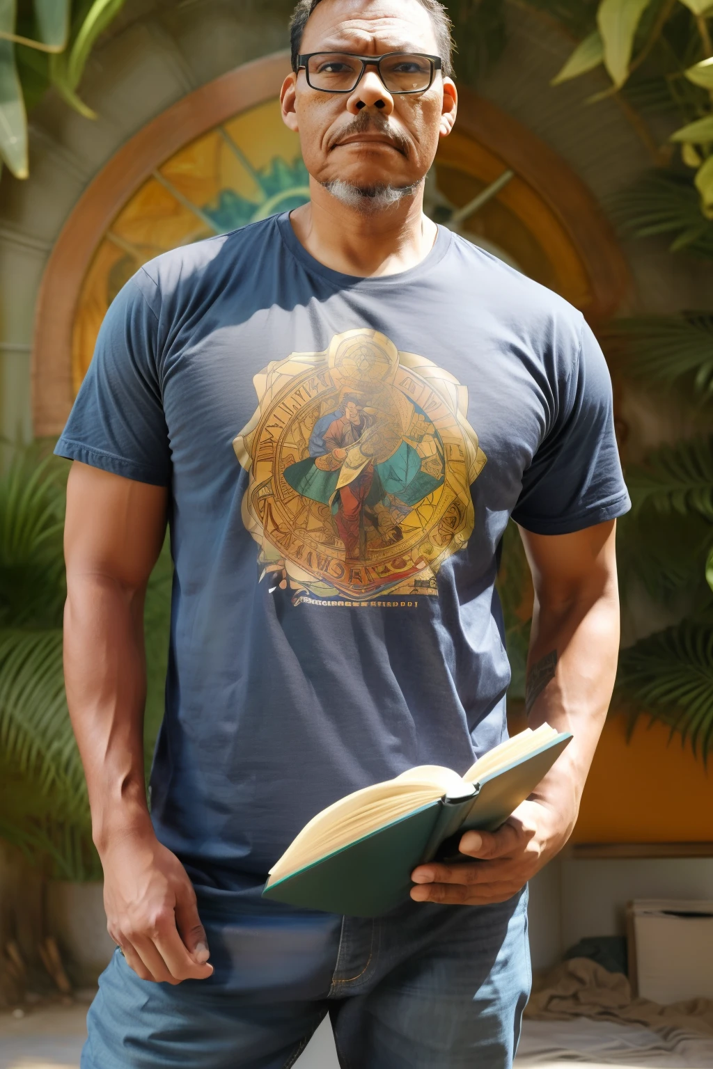 guttonerdvision10, um homem sentado ao lado de uma arvore, in jeans and t-shirt, lendo um livro, pixiv, intrincate, alphonse mucha style, scientific fiction, golden hour