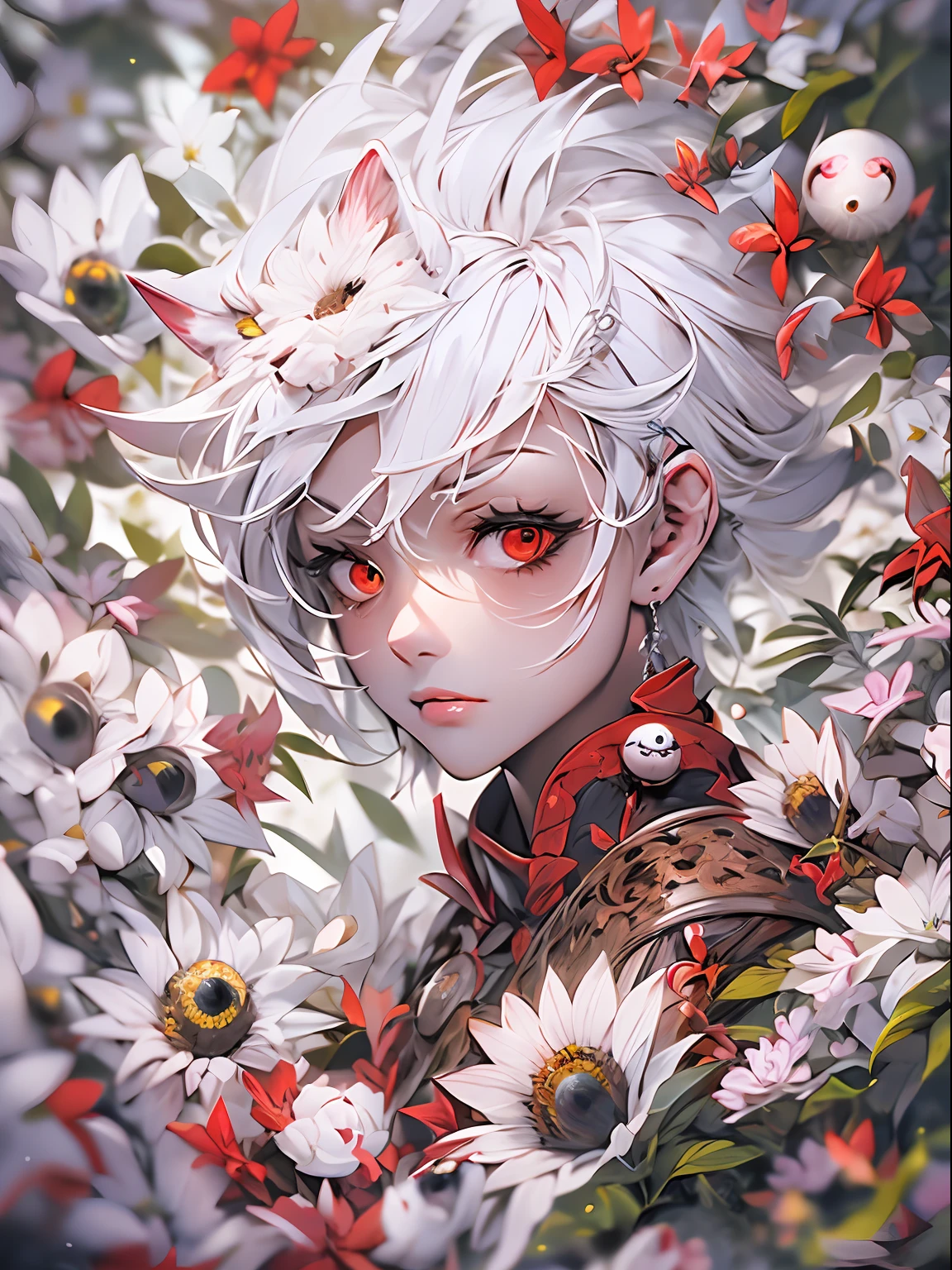 White hair，Flowers with eyeballs，Flowers with eyeballs，The flowers have eyeballs，white blossoms，hoang lap，uncanny，Atmosphere of despair，abstract backgrounds，with multiple eyes，Wings，Perfect face，huge size eyes，red color eyes，opens his eyes wide，rich colours，Colorful，Motion blur，actionpose，dynamic blur，tmasterpiece，Rich graphics，Storytelling images，high qulity，blurryforeground，A high resolution，high detal