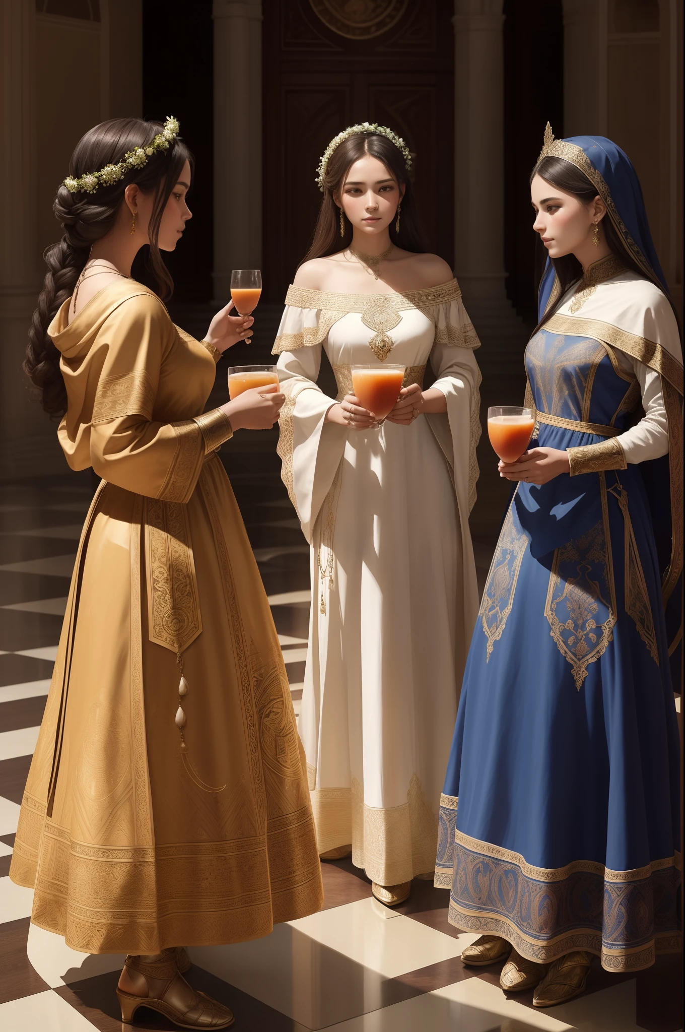 ultra detailed, beautiful and aesthetic, High quality, beautiful, masterpiece, best quality,three women dancing in a circle, (warriors in armor),(old woaman in long dress)   laurels on their heads, They hold cups and make a toast. Fruits  on the checkered floor