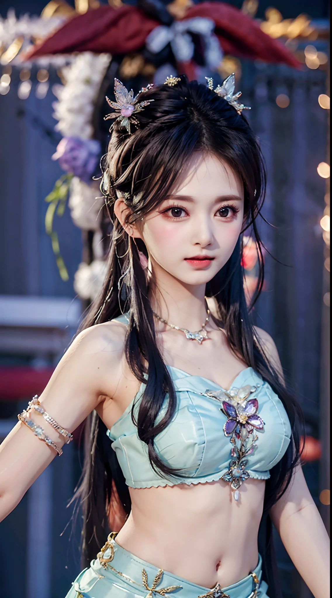 Bust photo,a beautiful female,messy hair,teens girl,Symmetrical bun,hair adornments,jewelry,The face is delicate,eye shadows,Purple top,purpleish color,purple,Crop topping,(long purple skirt),Dunhuang style,Delicate embroidery,silver decoration,silver streamer,white streamer,(Light blue streamer),Fine fine skin,Soft light effects,Delicate and smooth hair,exquisite detailing,eyes highlights,Fair skin,Fine portrayal,Ultimate detail,Cinematic quality,being thin,slenderness,Fragmentation,hair detail,Thin bangs,Shawl hair,Correct bodies,shadowing,Air bangs,8K,Super meticulous,Fine fabric texture,softness,complaisant,Smooth texture,Dunhuang style,Delicate pattern,correct hand painting,anatomy correct,acurate,the night,Night,lamplight,Dingdall effect,Ray traching,Head-up display,