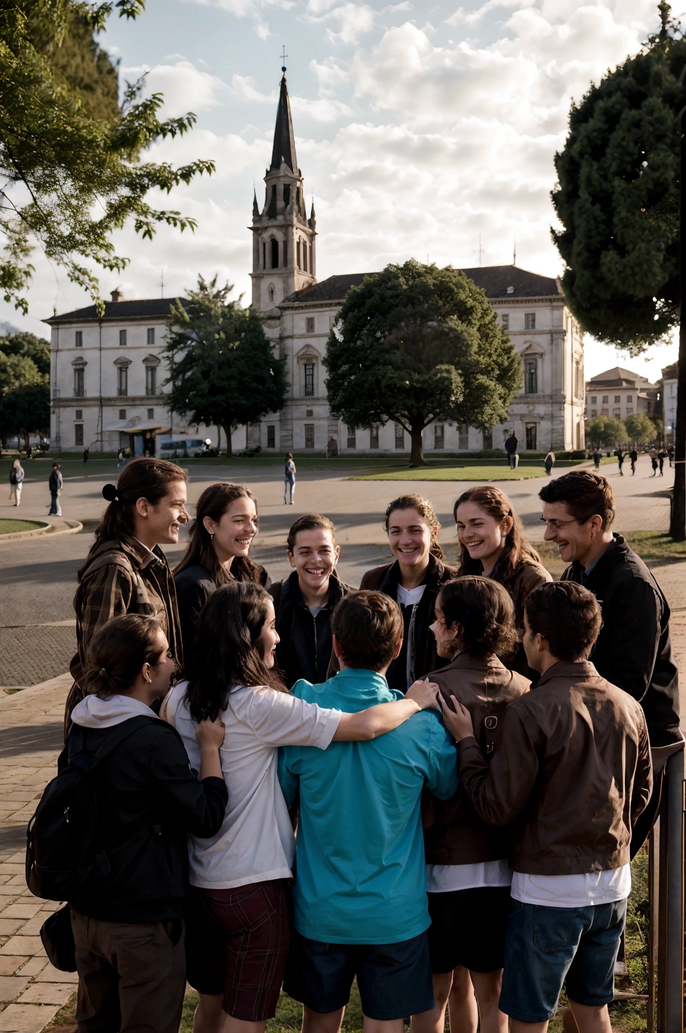 Five middle-class young people meet in a square located in the center of the city. They are longtime friends and are always together. Some of them are black and others are white, masculino e feminino. They are smiling and excited, conversando e rindo enquanto caminham pelo parque. The square is a quiet and wooded place, with several tall trees, bancos e mesas de madeira. In the background, you can see an old church, Azorean style. The young people approach a small lake in the center of the square and sit on one of the nearby wooden benches. Eles falam sobre suas vidas, escola, the music they are listening to and their dreams for the future. They hug and laugh together, enjoying the moment of peace and tranquility that the square offers. Repentinamente, One of the young people starts playing the guitar and the others start singing a song that everyone knows. The afternoon progresses and the sun begins to set. The five middle-class youths, vulnerable, sorridente, alguns pretos e outros brancos, mulheres e homens, Leave the square, taking with them the joy of friendship and unity.