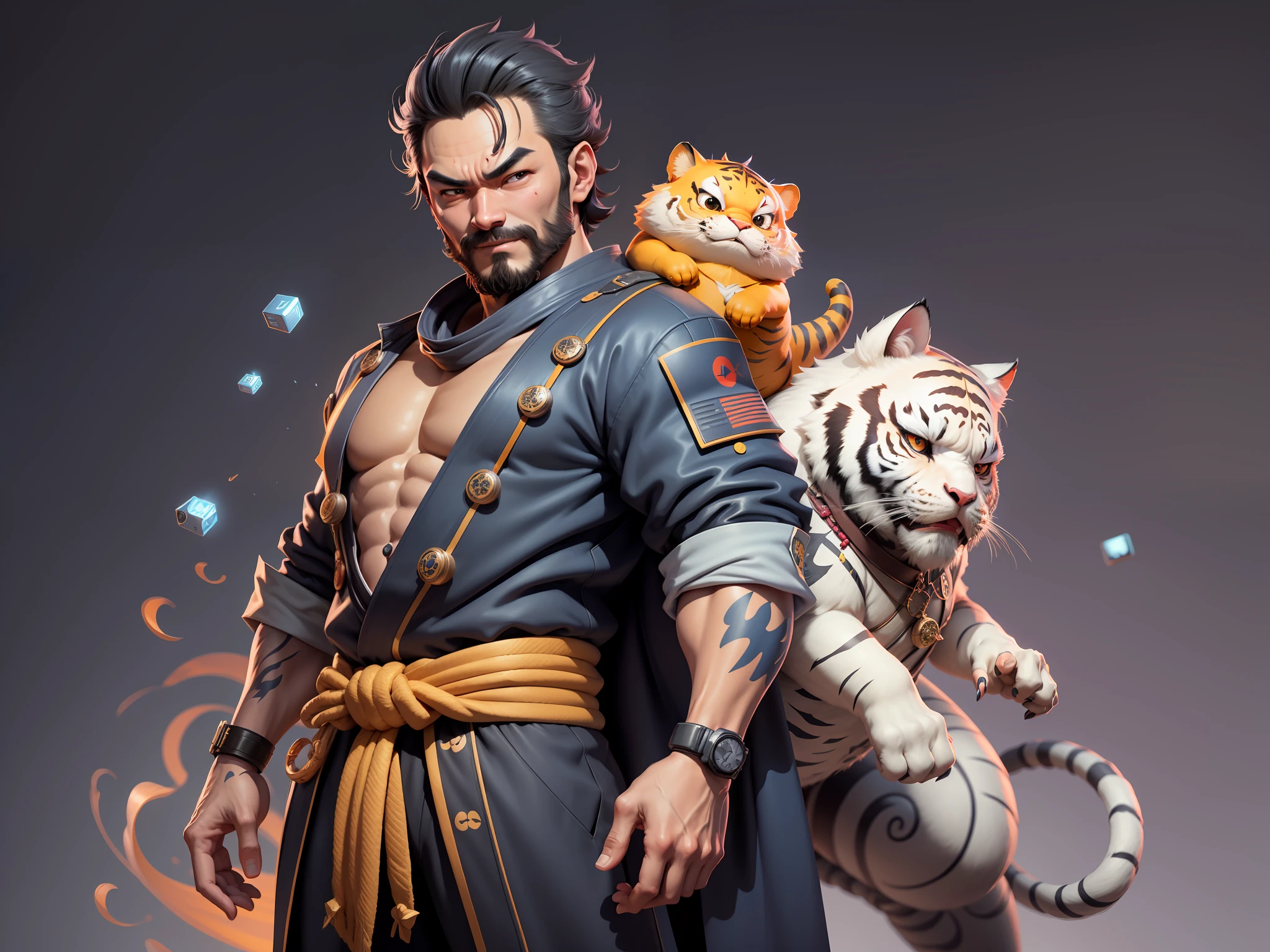 (Daisaku),(Need),(Super meticulous),(full bodyesbian:1.2),Super young man with Japanese geisha,Beautiful,orient,one tiger,Aeolian Thor,Raised sexy,爆乳,Oriental face,TV Anchor,Bust portrait illustration,In black suit,a blue tie,The face is slightly chubby,The face was clean,without a beard,Black super short hair,Black eyes,Smile confidently,3C computer sub-products,iPad, iphone,Digital painting,3D character design by Mark Clairen and Pixar and Hayao Miyazaki and Akira Toriyama,The illustration is a high-definition illustration in 4K resolution,With very detailed facial features and cartoon-style visuals。