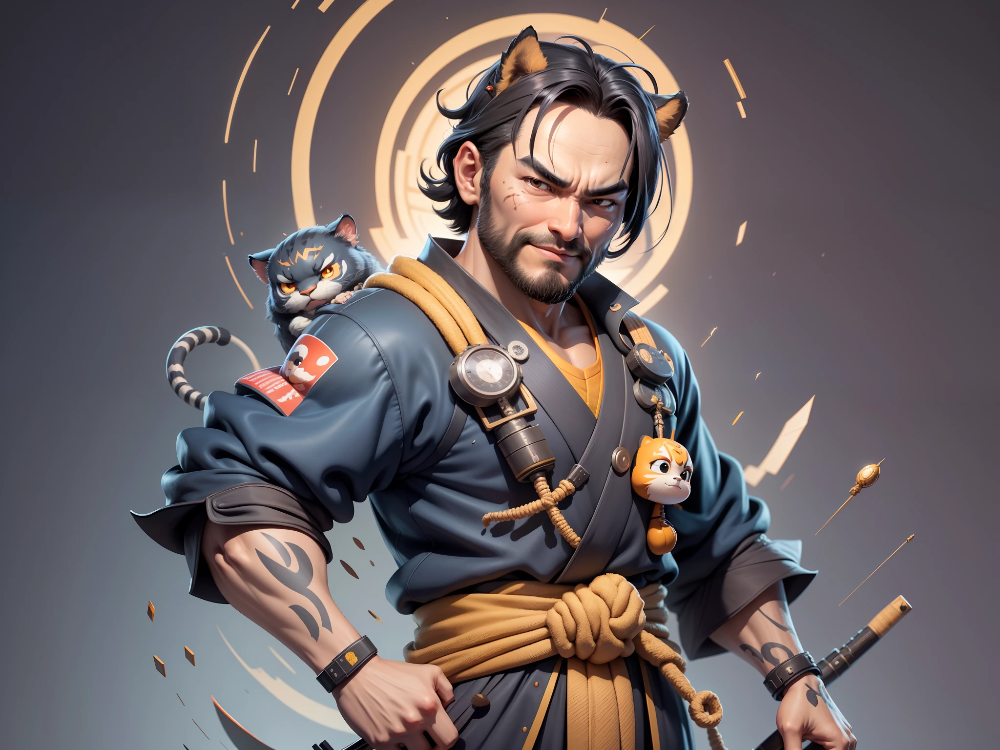 (Daisaku),(Need),(Super meticulous),(full bodyesbian:1.2),Super young man with Japanese geisha，Beautiful，orient，one tiger，Aeolian Thor，Raised sexy，爆乳，Oriental face，TV Anchor，Bust portrait illustration，In black suit，a blue tie，The face is slightly chubby，The face was clean，without a beard，Black super short hair，Black eyes，Smile confidently，3C computer sub-products，iPad， iphone，Digital painting，3D character design by Mark Clairen and Pixar and Hayao Miyazaki and Akira Toriyama，The illustration is a high-definition illustration in 4K resolution，With very detailed facial features and cartoon-style visuals。