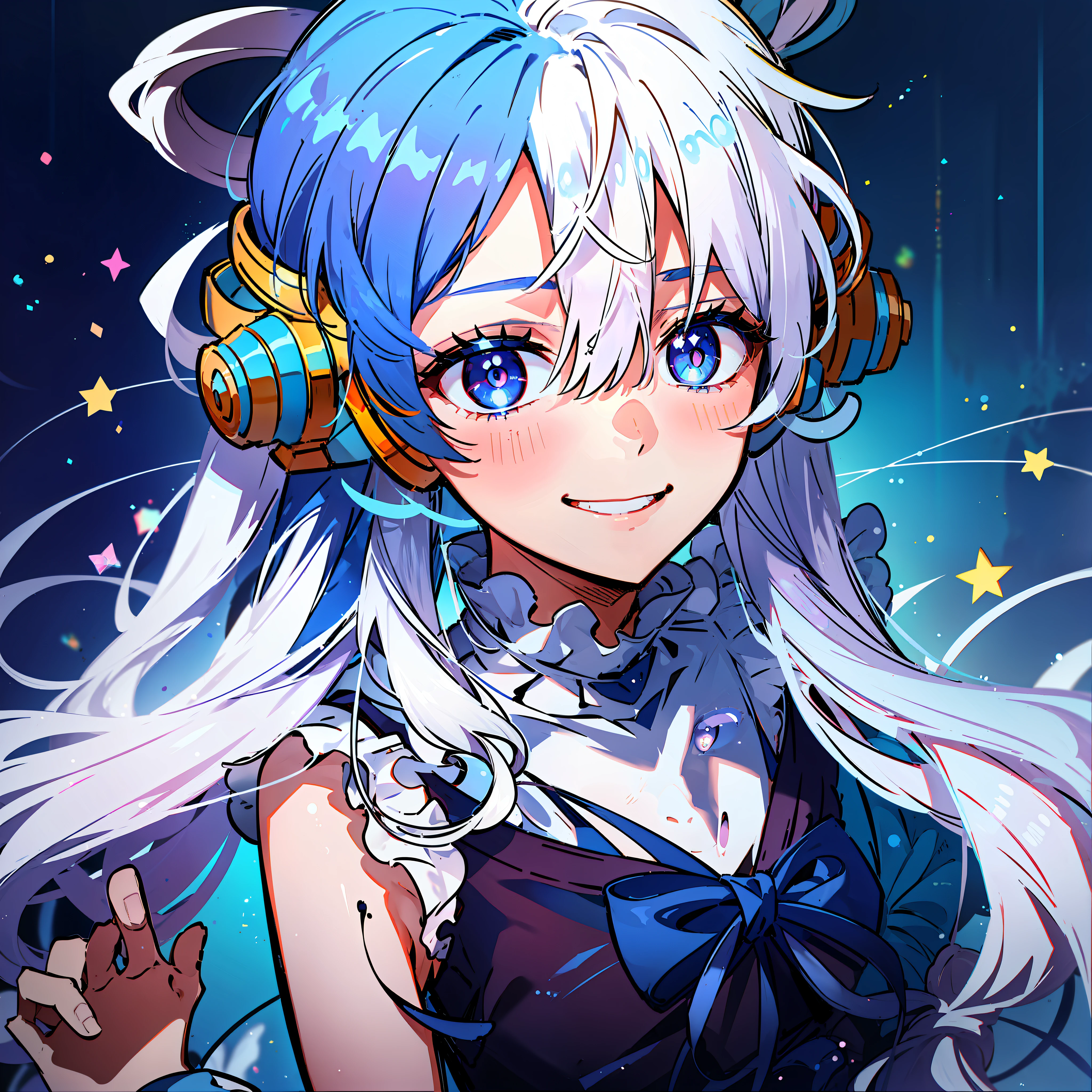 1girl, :d, bangs, blue ribbon, diamond-shaped pupils, diamond \(shape\), hair between eyes, headphones, long hair, multicolored hair, blue eyes, black head, ribbon, shirt, signature, sleeveless, sleeveless shirt, smile, solo, ((split color hair)), symbol-shaped pupils, white hair, white shirt