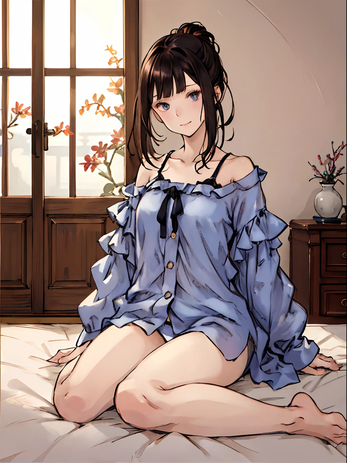 One girl. (s Pajamas). Cute. in the room. Wallpaper. 2D Illustration. 2D Animation,(masuter piece:1.3)、(8K、Photorealsitic、Raw photography、top-quality: 1.4)、(1girl in)、beautiful countenance、(Lifelike face)、(A dark-haired、short-hair:1.3)、Beautiful hairstyle、realisticeyes、Beautiful details、(real looking skin)、Beautiful skins、enticing、超A high resolution、A hyper-realistic、high-detail、the golden ratio