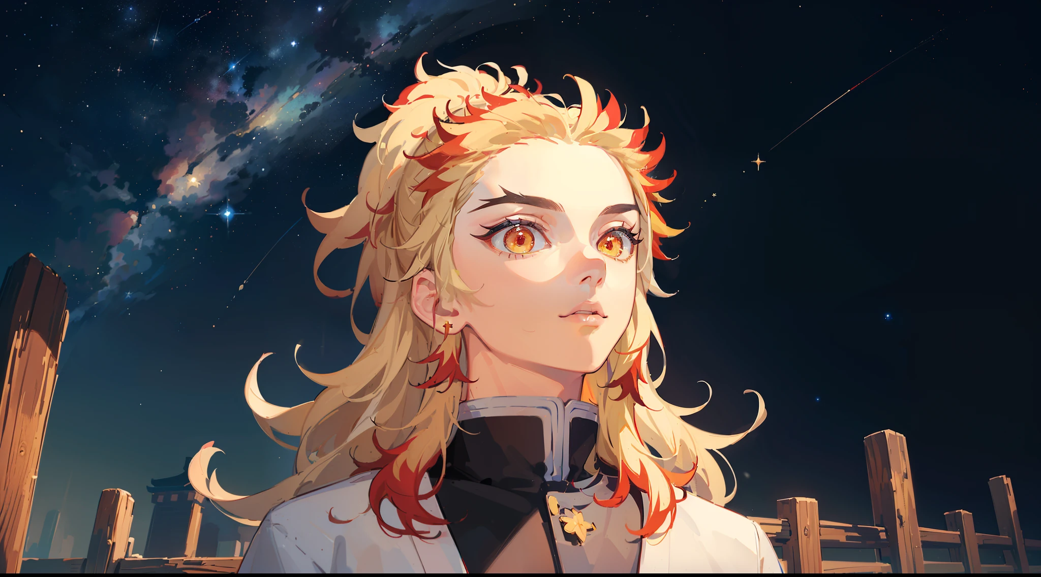 (Masterpiece, Best Quality:1.2), Cowboy shot, 独奏, male focus, 1 adult boy, Rengoku Kyojuro, ssmile, looking a viewer,  Long hair, high ponytail, Split eyebrows, white kimono with red print, full length, (((looking up at the sky))), (((Starry sky))), flower field, (tmasterpiece), (beste-Qualit), (overdetalization),(messy  hair),(illustartion), (trendy clothes), stands, Model, looks at the viewer, (interview), (Simple background), beautiful detail eyes, Gentle beautiful face, soaring, (high saturation), (Colorful splashes), Colorful Bubble, (radiance), facial focus, (radiance), better lighting, better shadow, (tmasterpiece, hiquality, beste-Qualit),
