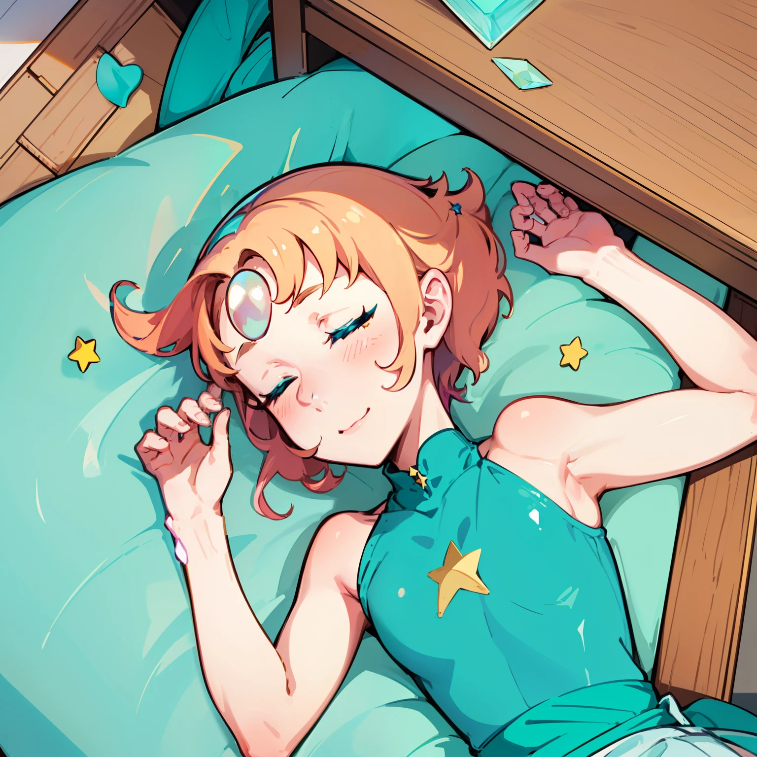 1girl, Pearl, pale, ivory complexion, light-cyan eyes, peach-colored hair, forehead gem, aqua blue tunic, cyan high-waist ribbon, yellow shorts, star emblem, swept-back hair, short hair, pearl gem, pointy nose, pink socks, light blue ballet flats, sleeping, eyes closed, perfect anatomy