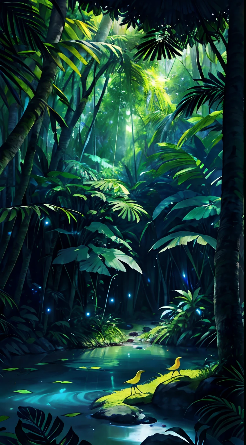 Uma paisagem noturna de uma floresta tropical, iluminada pela luz da lua cheia. The vegetation is dense and lush, with tall trees and plants of various types and colors. on floor, there are dried leaves and ripe fruits, que servem de alimento para os animais que habitam o lugar. Entre os sons da natureza, The song of the birds stands out, the croaking of frogs and the noise of the waters of a stream that cuts through the forest