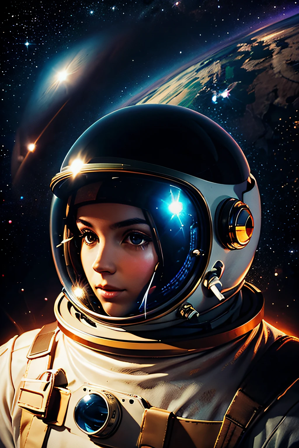 an astronaut helmet with a landscape emerging from it, in the background an image of space, (best quality, 4k, High, master piece:1.2), ultra-detailed, realistic:1.37, HDR, studio lighting, vivid colors, Portraits, alien world, ethereal atmosphere