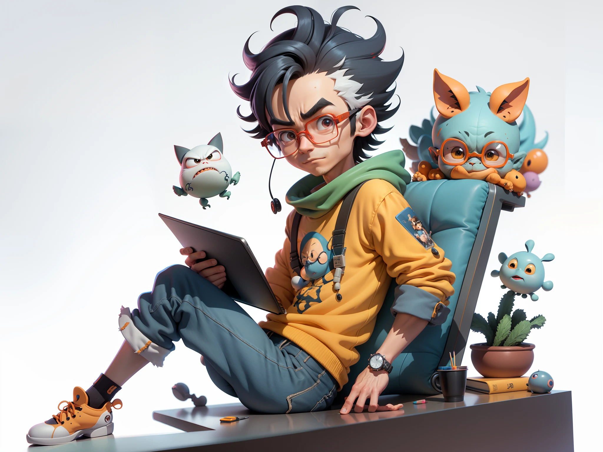 A young man with glasses sits at his desk,holding laptop,digitial painting,3D character design by Mark Clairen and Pixar and Hayao Miyazaki and Akira Toriyama,4K HD illustration,Very detailed facial features and cartoon-style visuals。