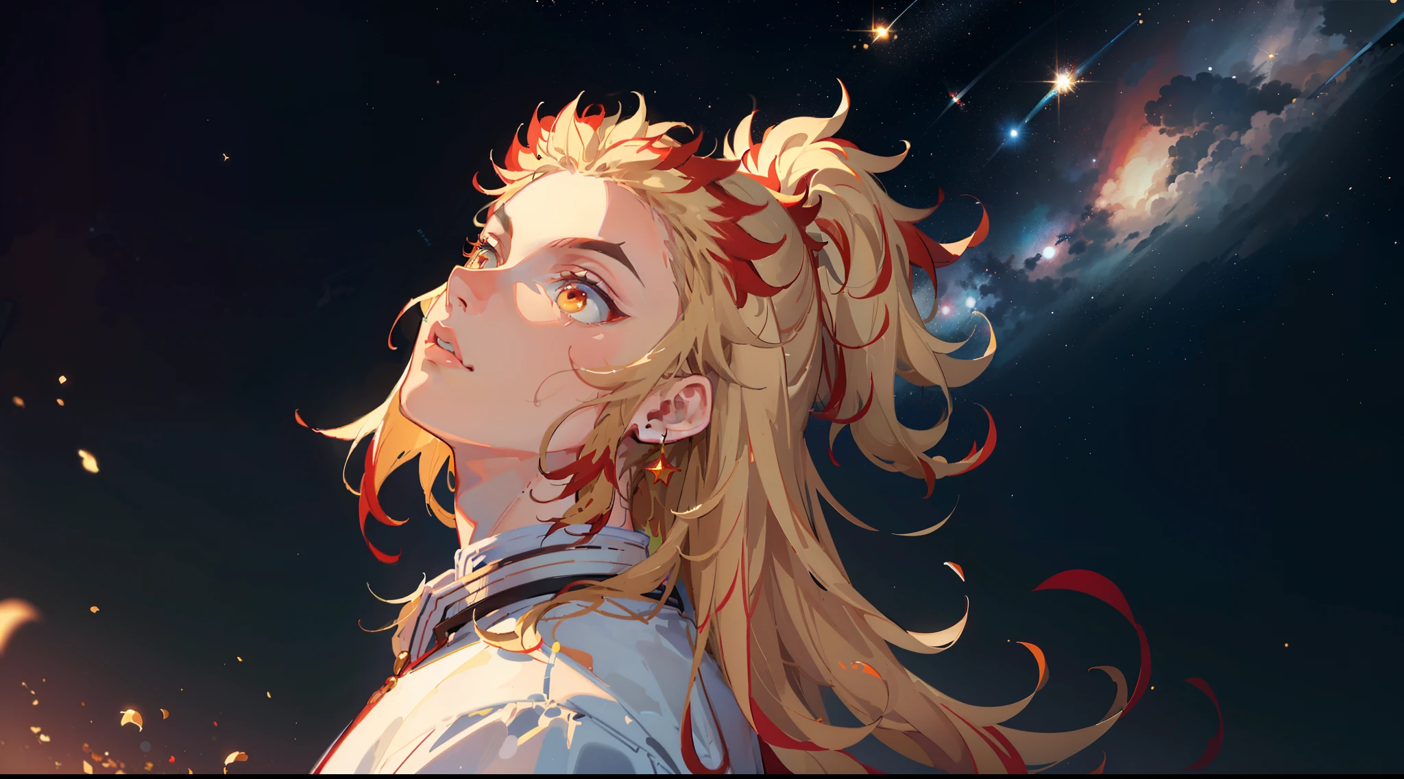 (Masterpiece, Best Quality:1.2), Cowboy shot, 独奏, male focus, 1 adult boy, Rengoku Kyojuro, ssmile, looking a viewer, Long hair, high ponytail, Split eyebrows, white kimono with red print, full length, (((looking up at the sky))), (((Starry sky))), flower field, (tmasterpiece), (beste-Qualit), (overdetalization),(messy hair),(illustartion), (trendy clothes), stands, Model, looks at the viewer, (interview), (Simple background), beautiful detail eyes, Gentle beautiful face, soaring, (high saturation), (Colorful splashes), Colorful Bubble, (radiance), facial focus, (radiance), better lighting, better shadow, (tmasterpiece, hiquality, beste-Qualit),