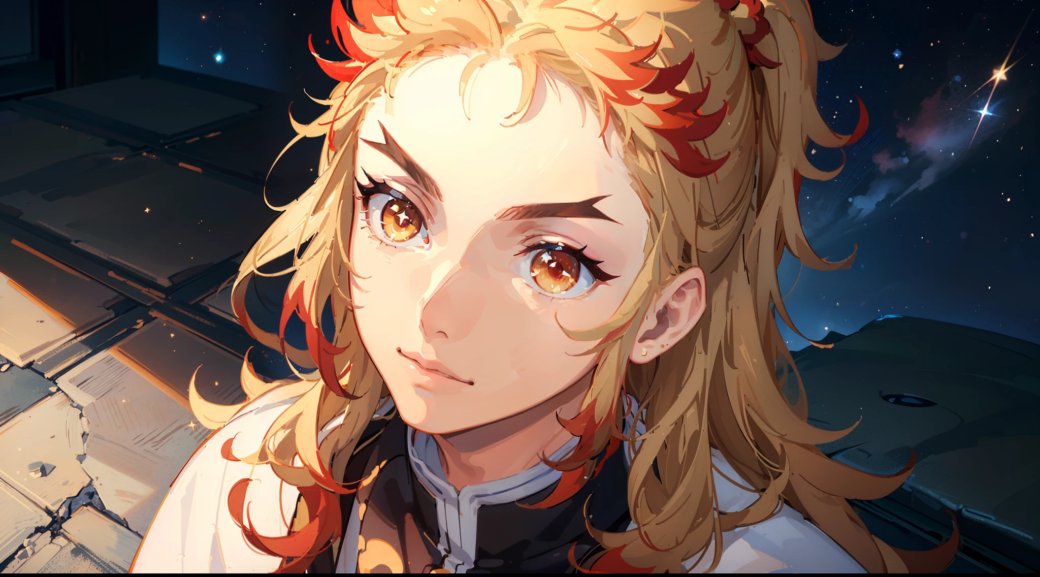 (Masterpiece, Best Quality:1.2), Cowboy shot, 独奏, male focus, 1 adult boy, Rengoku Kyojuro, ssmile, looking a viewer,  Long hair, high ponytail, Split eyebrows, white kimono with red print, full length, (((looking up at the sky))), (((Starry sky))), flower field, (tmasterpiece), (beste-Qualit), (overdetalization),(messy  hair),(illustartion), (trendy clothes), stands, Model, looks at the viewer, (interview), (Simple background), beautiful detail eyes, Gentle beautiful face, soaring, (high saturation), (Colorful splashes), Colorful Bubble, (radiance), facial focus, (radiance), better lighting, better shadow, (tmasterpiece, hiquality, beste-Qualit),