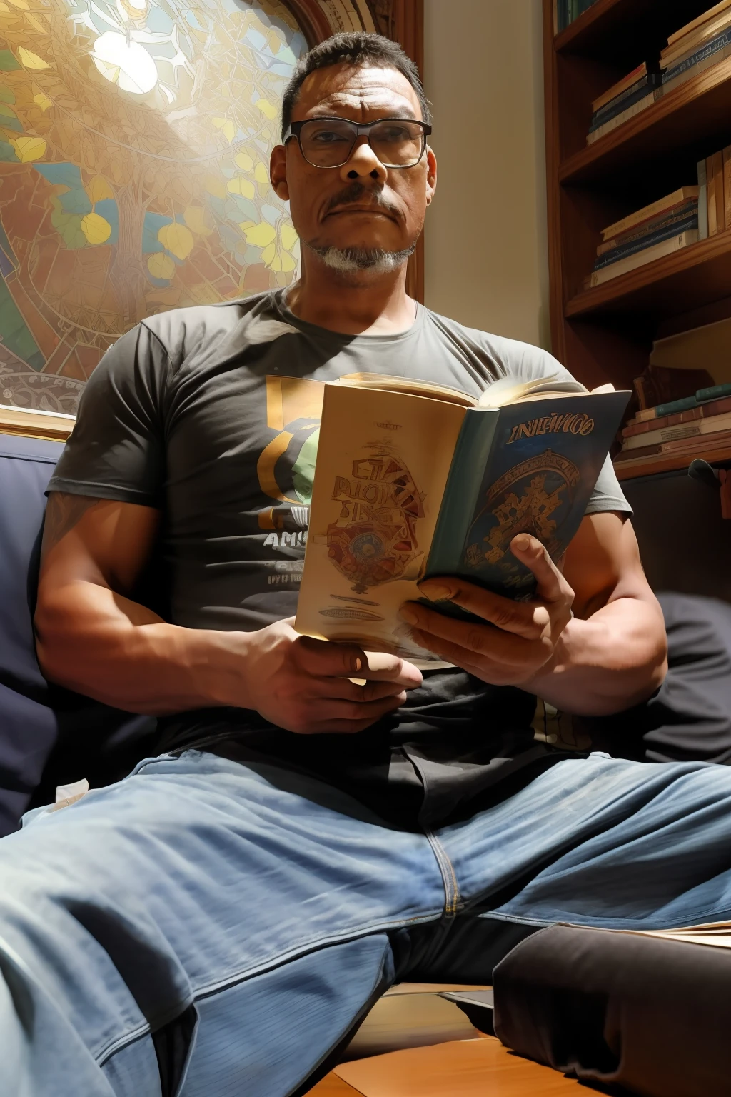 <lora:Dack_Rambo_GV:1> Dack 1boy, athletic, beautiful, beautiful body, beautiful man, biceps, brown hair, dark hair, gay, gorgeous,  denim shirt, denim pants, sitting, reading book by a beautiful pond.