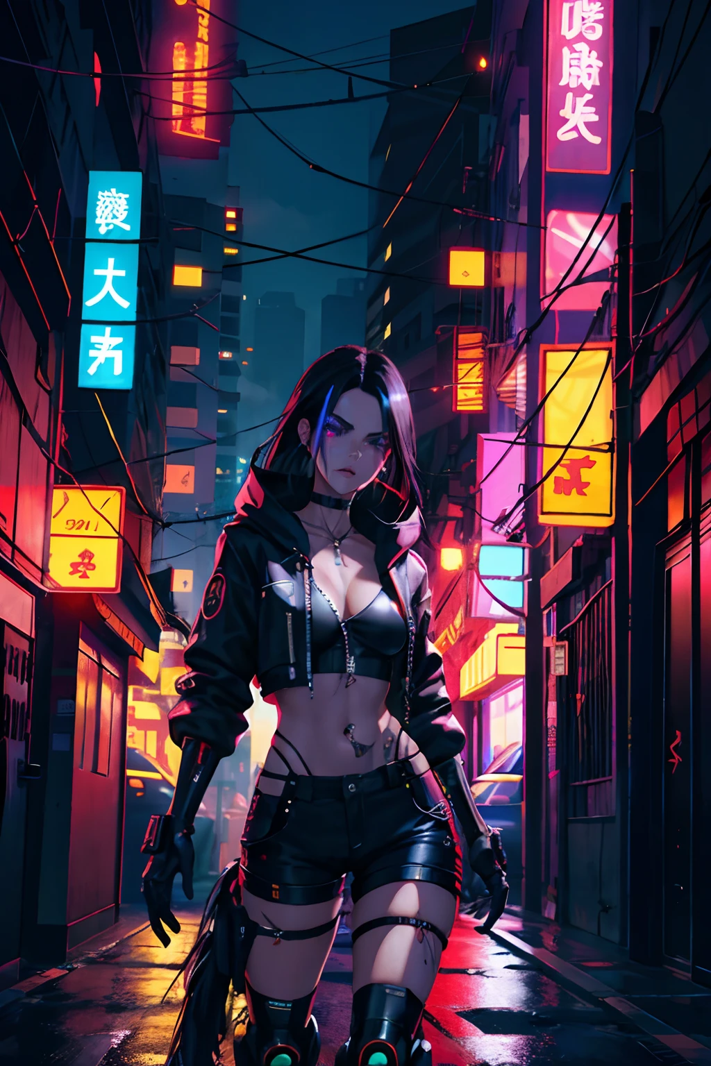 Cyberpunk, alta resolução, qualidade mais alta, illustration, ultra detalhado, (rosto detalhado), (olhos detalhados), neon lighting, melhor qualidade, noite, atmosfera cyberpunk, hiper detalhado, obra-prima, 1girl, solo, cabelo preto com faixas roxas, olhos azuis, olhos luminosos, middlebreasts, jaqueta de couro preta, shorts pretos, exposed abdome, top preto, chocker, punk, cyberpunk, maos roboticas, bracos roboticos, costelas roboticas, right arm with exposed wires, tall buildings in the background, industrial, urbano, Buildings, placas neon, futurista, dark, concreto, sidewalk, carros futuristas, favela,